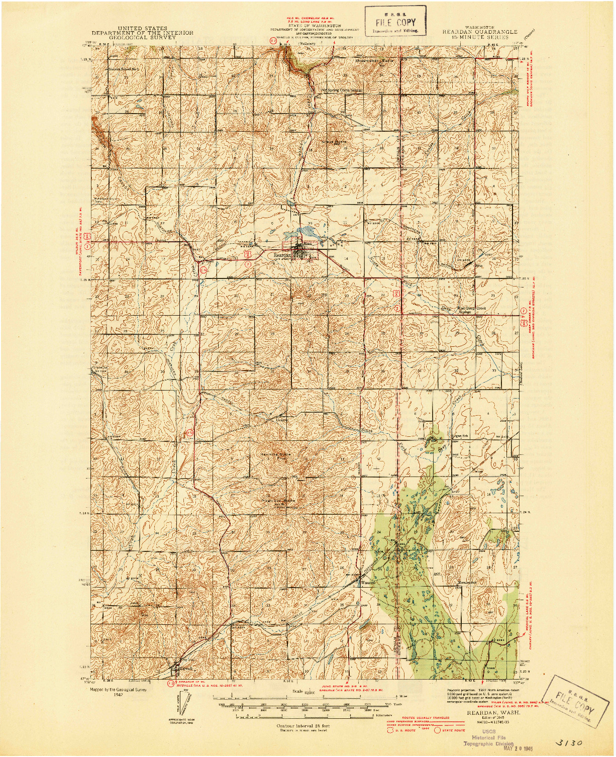 USGS 1:62500-SCALE QUADRANGLE FOR REARDAN, WA 1945