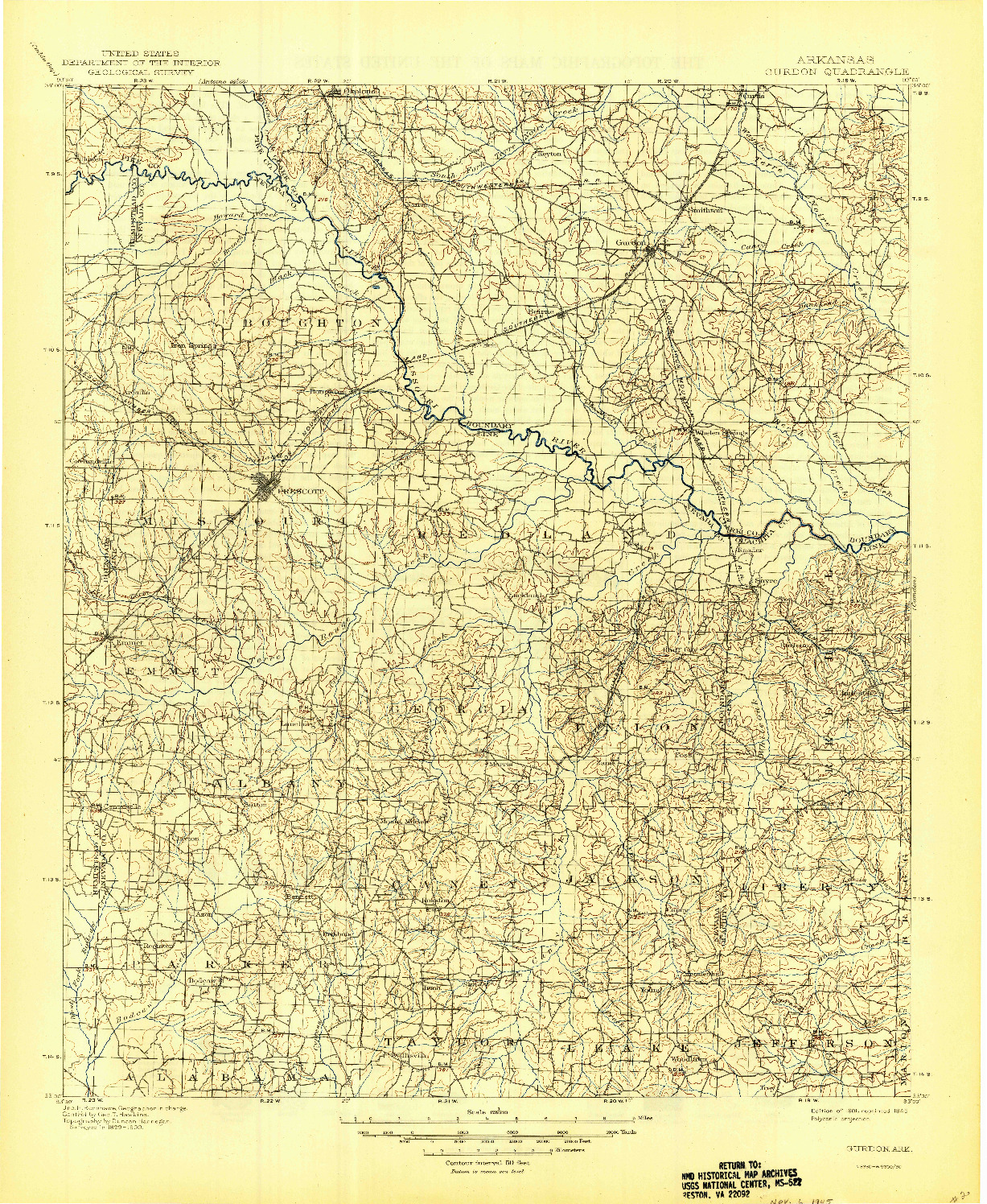 USGS 1:125000-SCALE QUADRANGLE FOR GURDON, AR 1901