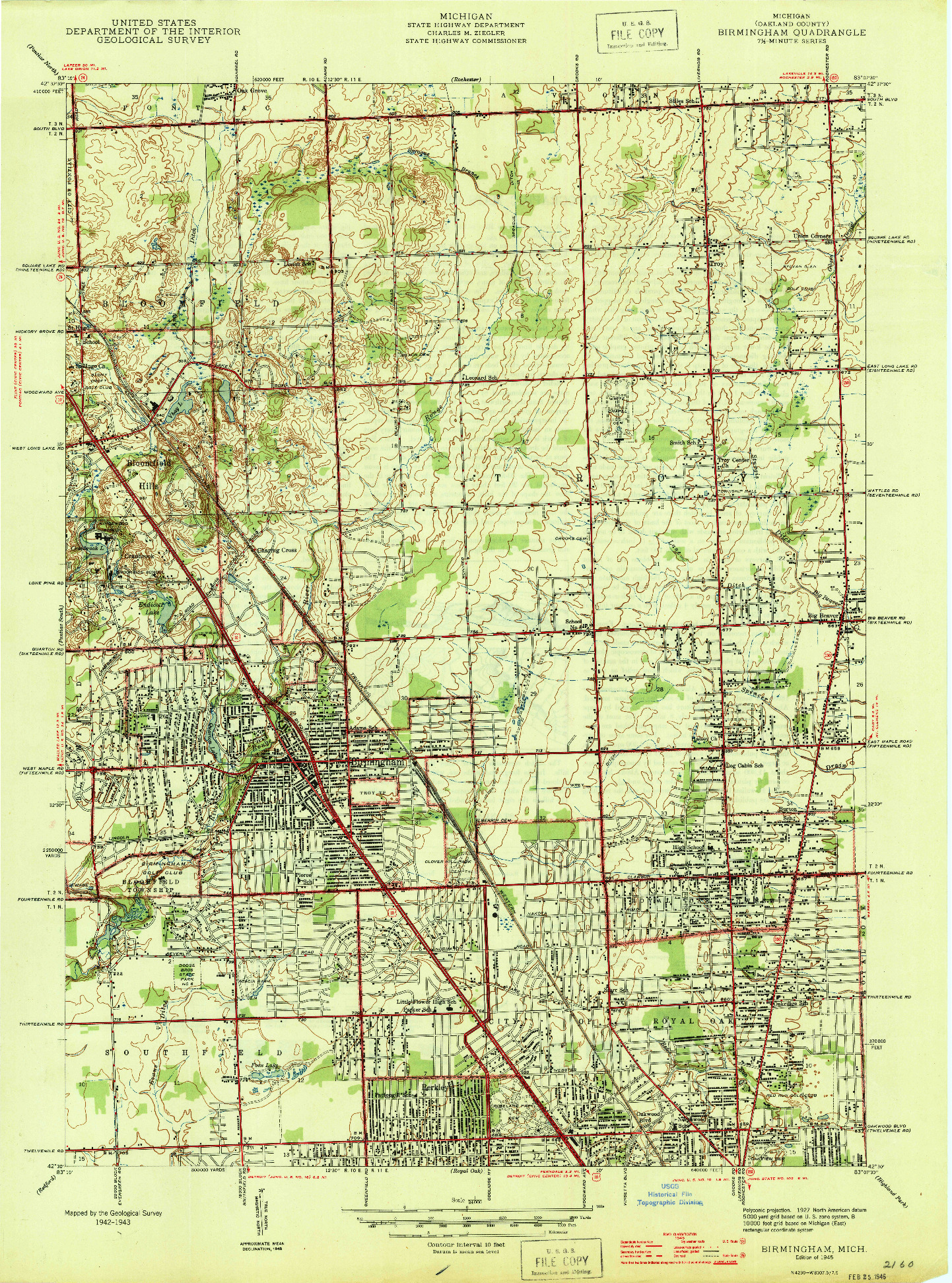 USGS 1:24000-SCALE QUADRANGLE FOR BIRMINGHAM, MI 1945