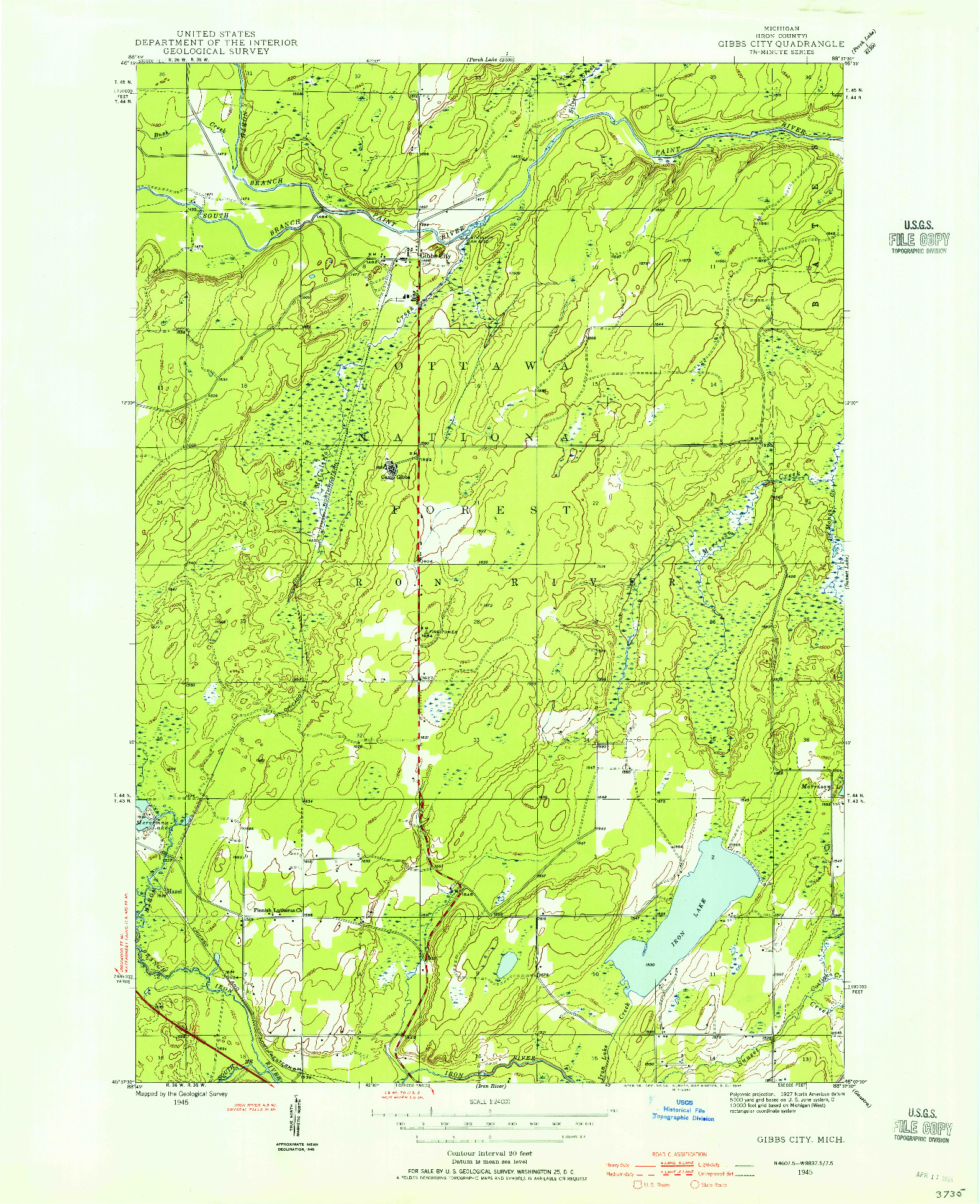 USGS 1:24000-SCALE QUADRANGLE FOR GIBBS CITY, MI 1945