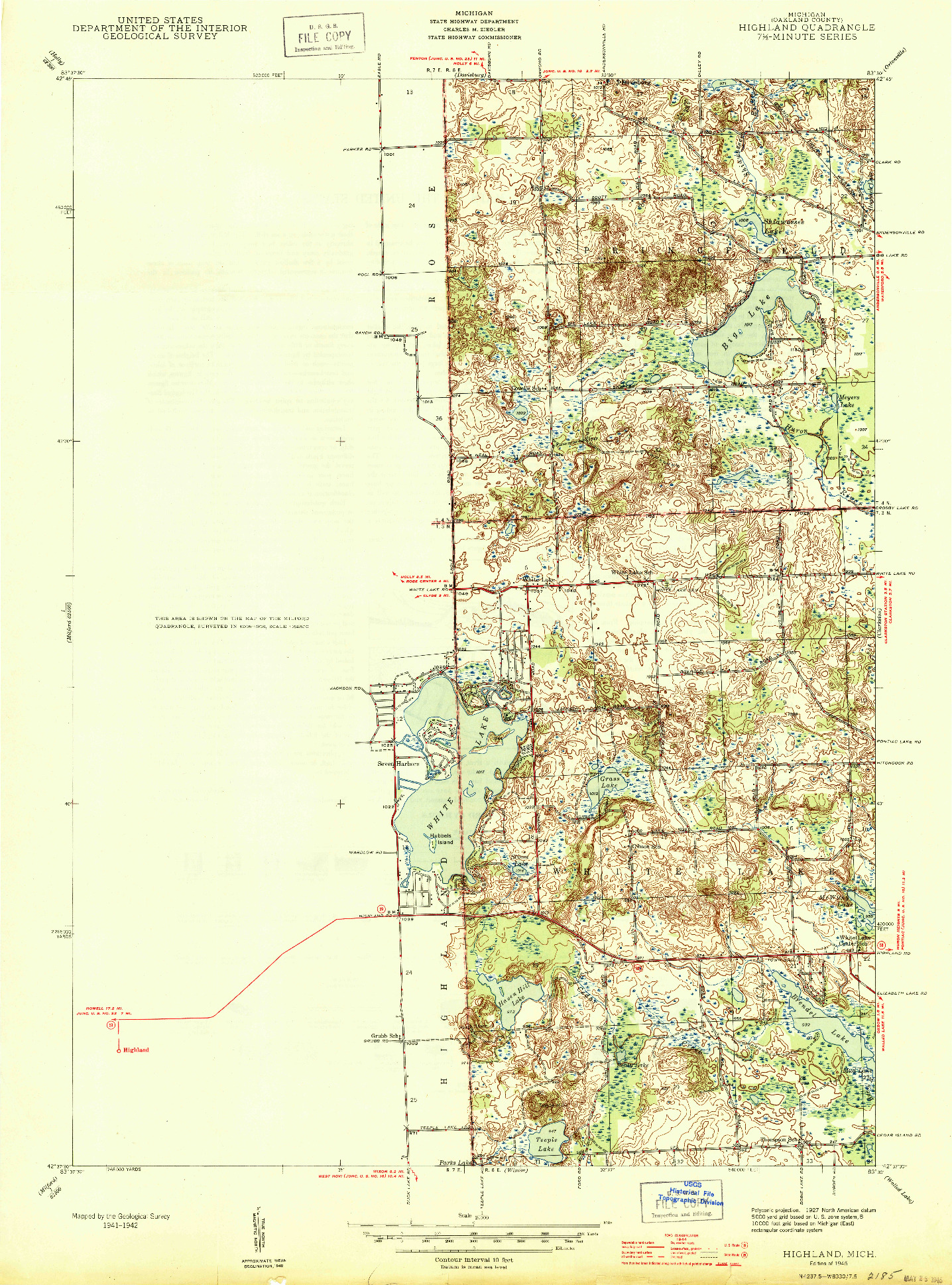USGS 1:24000-SCALE QUADRANGLE FOR HIGHLAND, MI 1945
