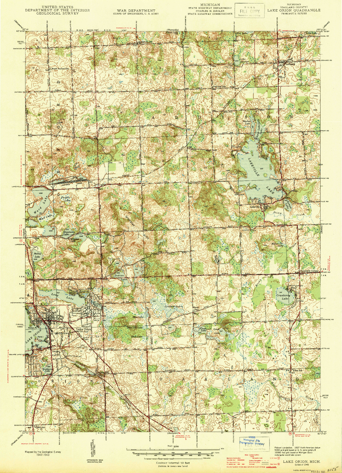 USGS 1:24000-SCALE QUADRANGLE FOR LAKE ORION, MI 1945