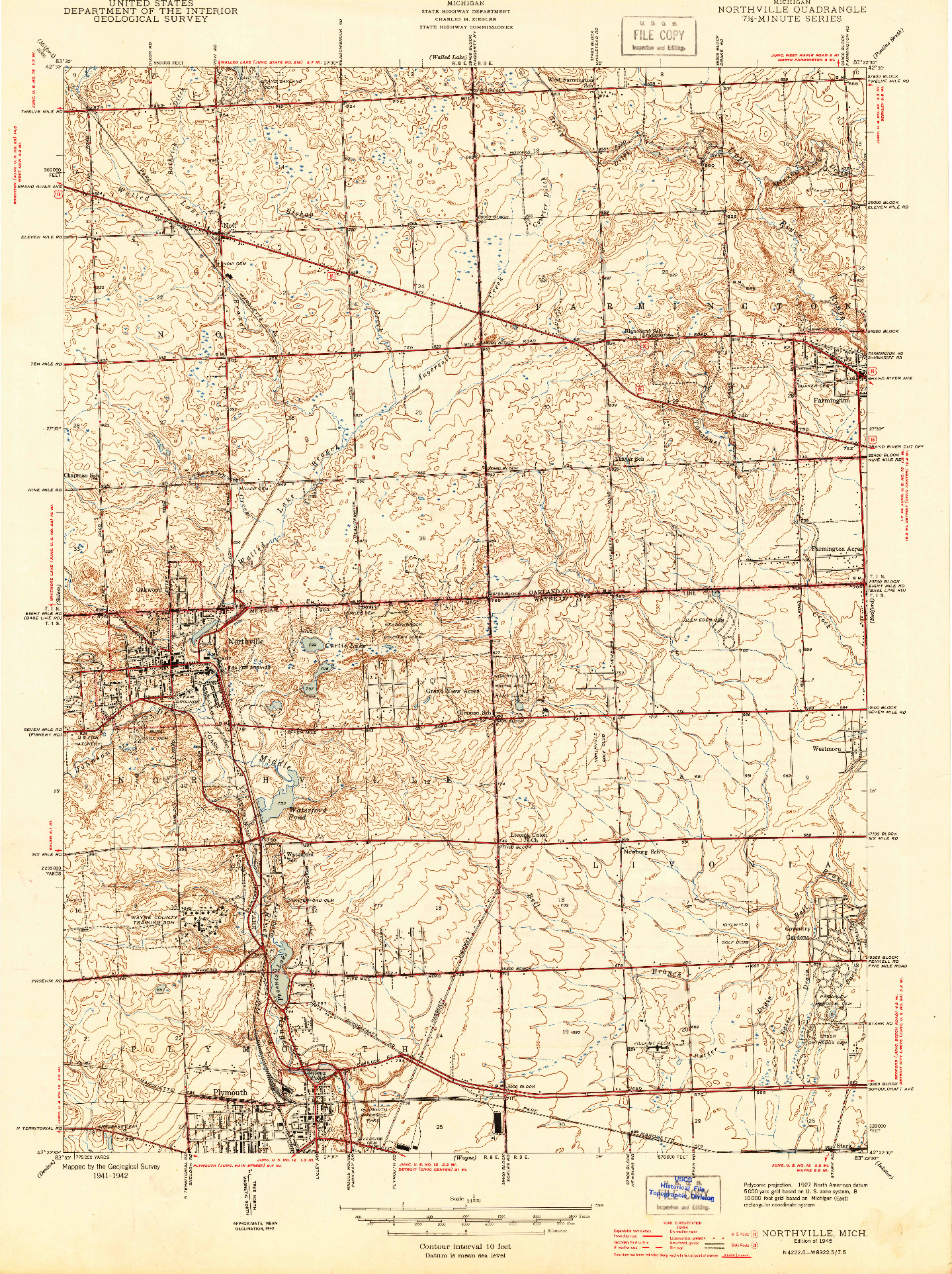 USGS 1:24000-SCALE QUADRANGLE FOR NORTHVILLE, MI 1945