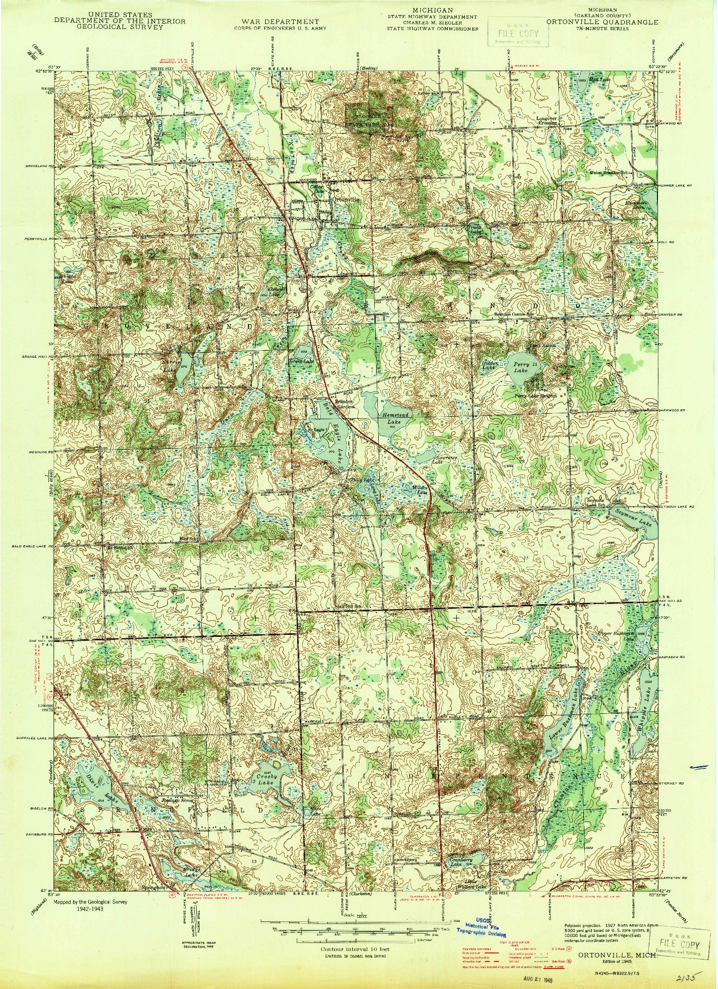 USGS 1:24000-SCALE QUADRANGLE FOR ORTONVILLE, MI 1945