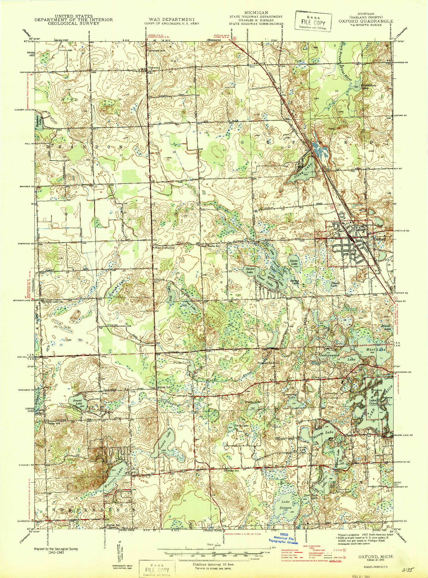 USGS 1:24000-SCALE QUADRANGLE FOR OXFORD, MI 1945