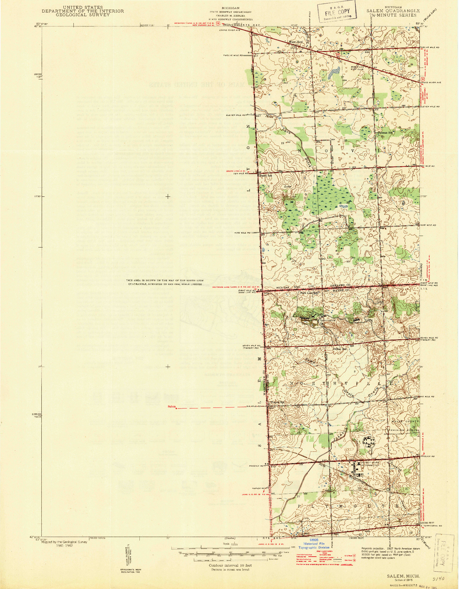 USGS 1:24000-SCALE QUADRANGLE FOR SALEM, MI 1945