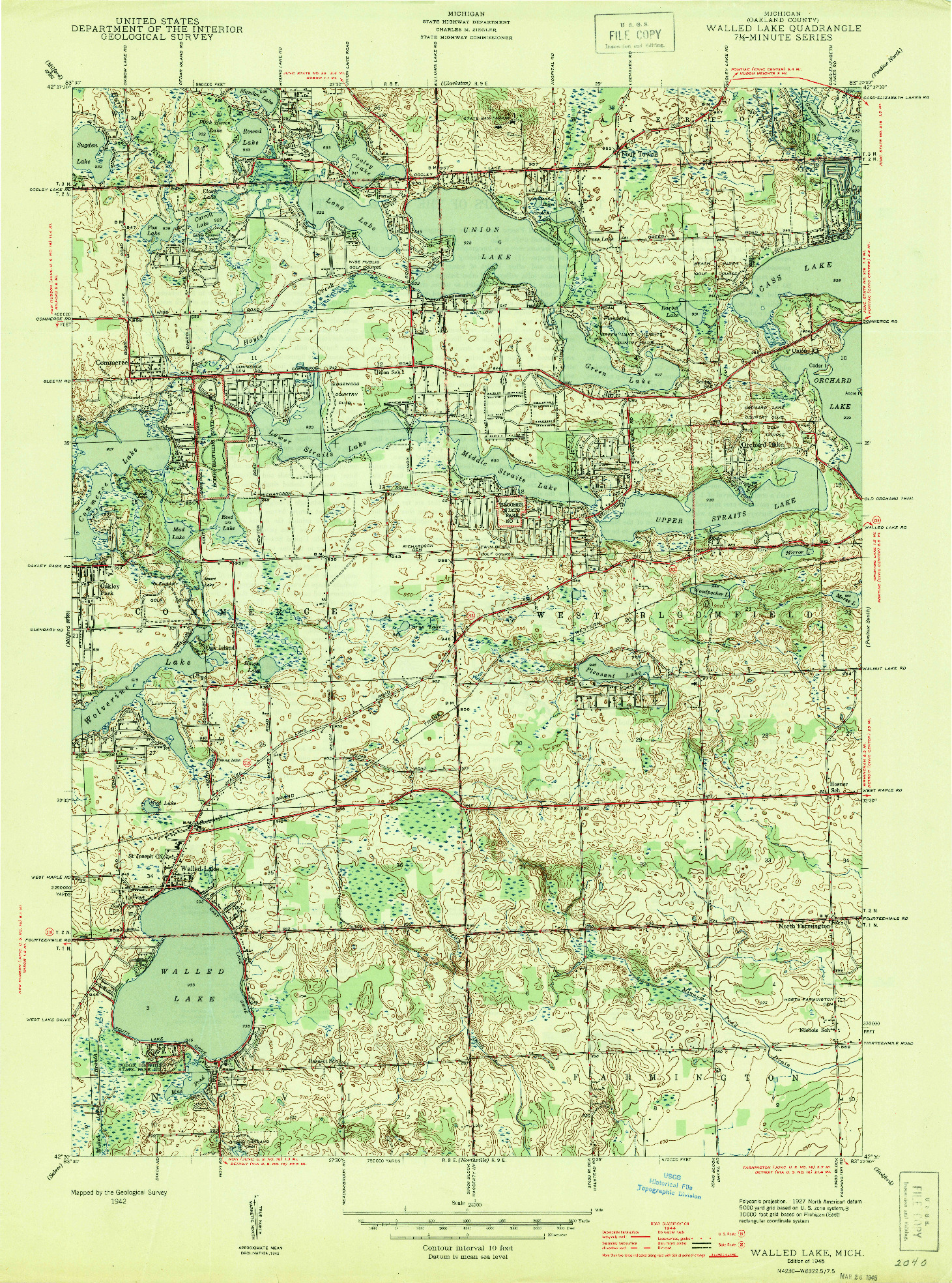 USGS 1:24000-SCALE QUADRANGLE FOR WALLED LAKE, MI 1945