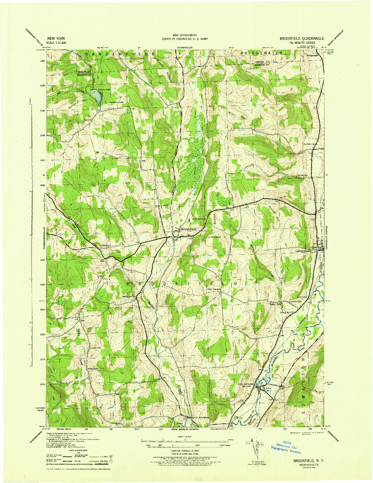 USGS 1:31680-SCALE QUADRANGLE FOR BROOKFIELD, NY 1945