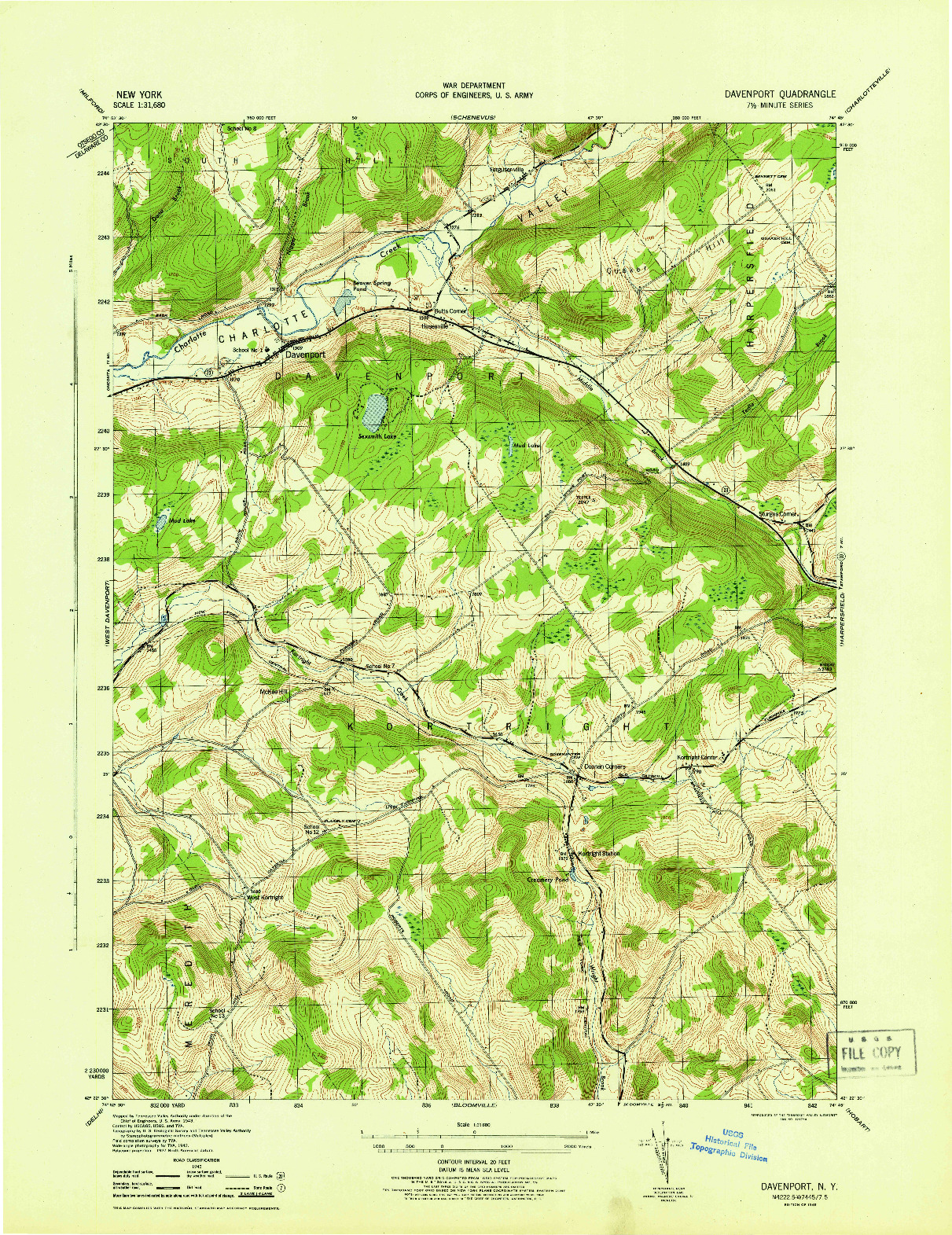 USGS 1:31680-SCALE QUADRANGLE FOR DAVENPORT, NY 1945