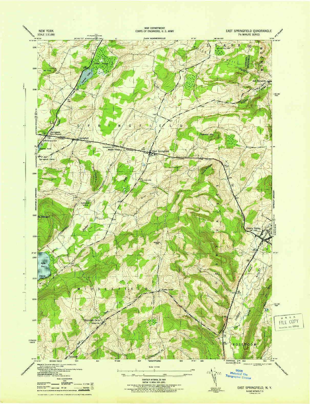 USGS 1:31680-SCALE QUADRANGLE FOR EAST SPRINGFIELD, NY 1945