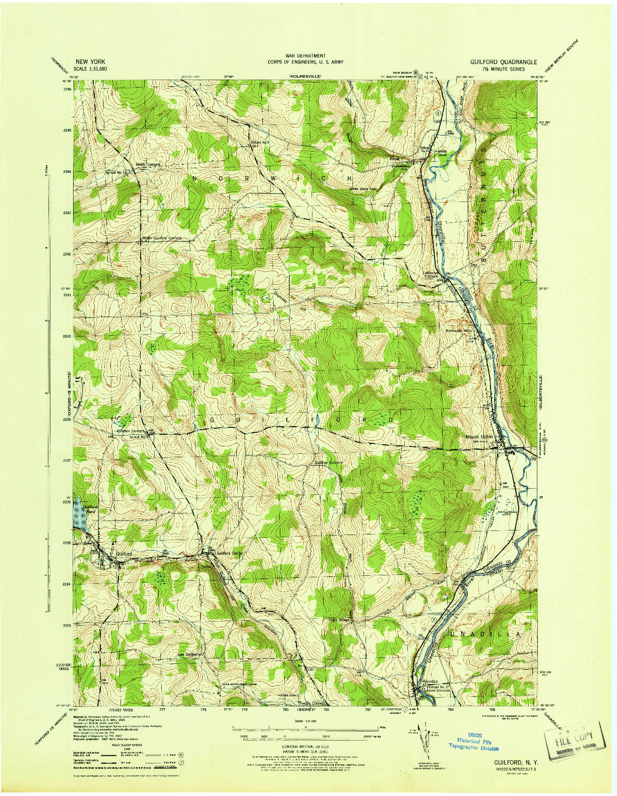 USGS 1:31680-SCALE QUADRANGLE FOR GUILFORD, NY 1945