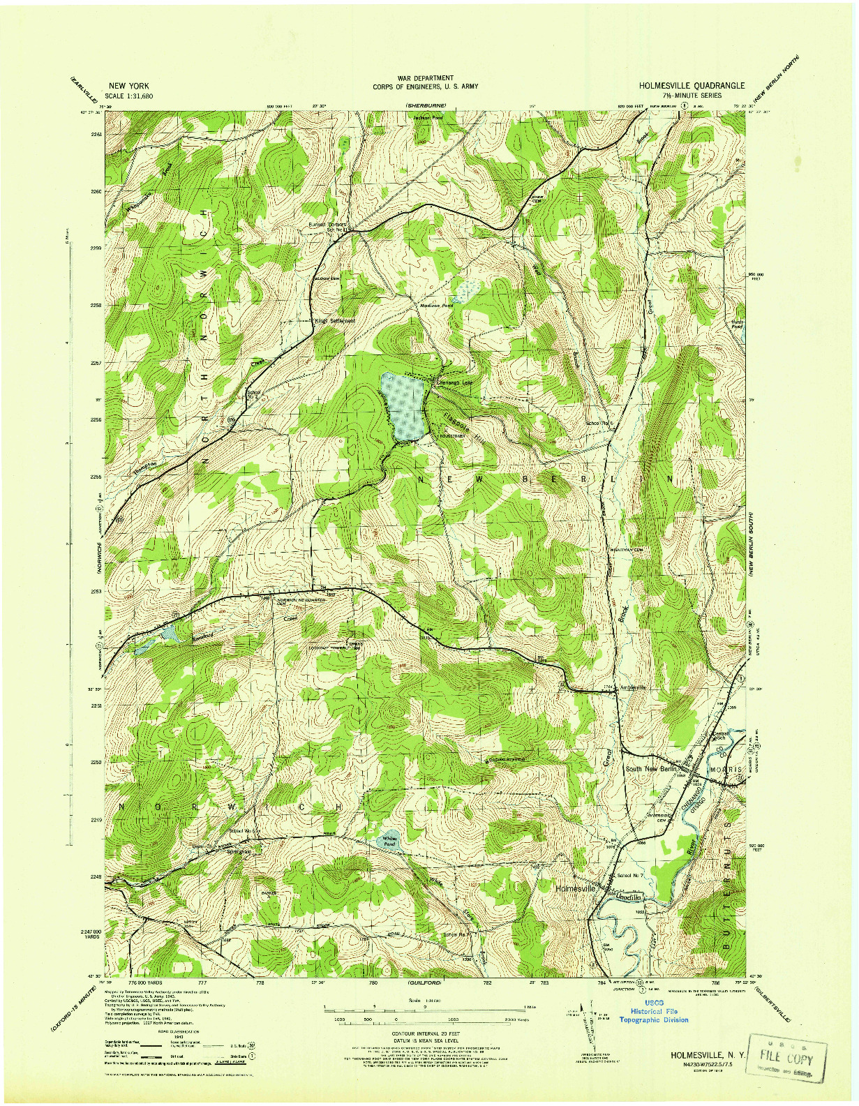 USGS 1:31680-SCALE QUADRANGLE FOR HOLMESVILLE, NY 1945