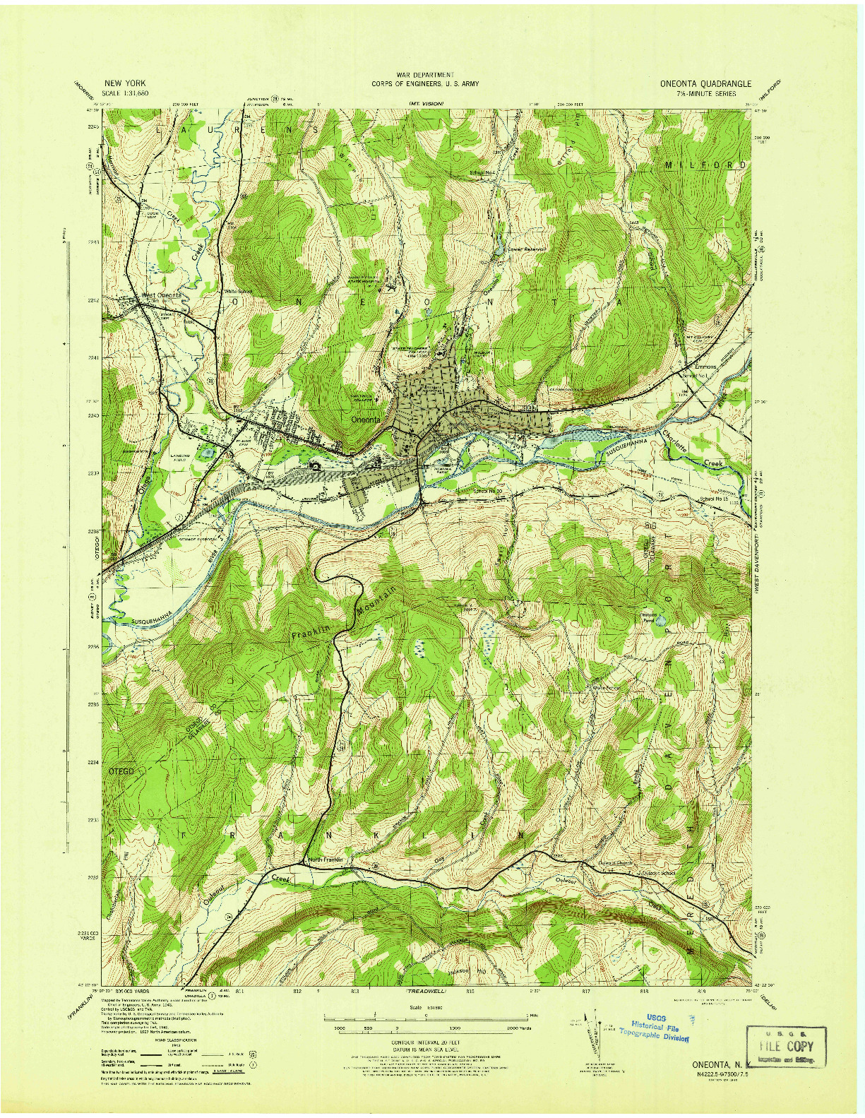 USGS 1:31680-SCALE QUADRANGLE FOR ONEONTA, NY 1945