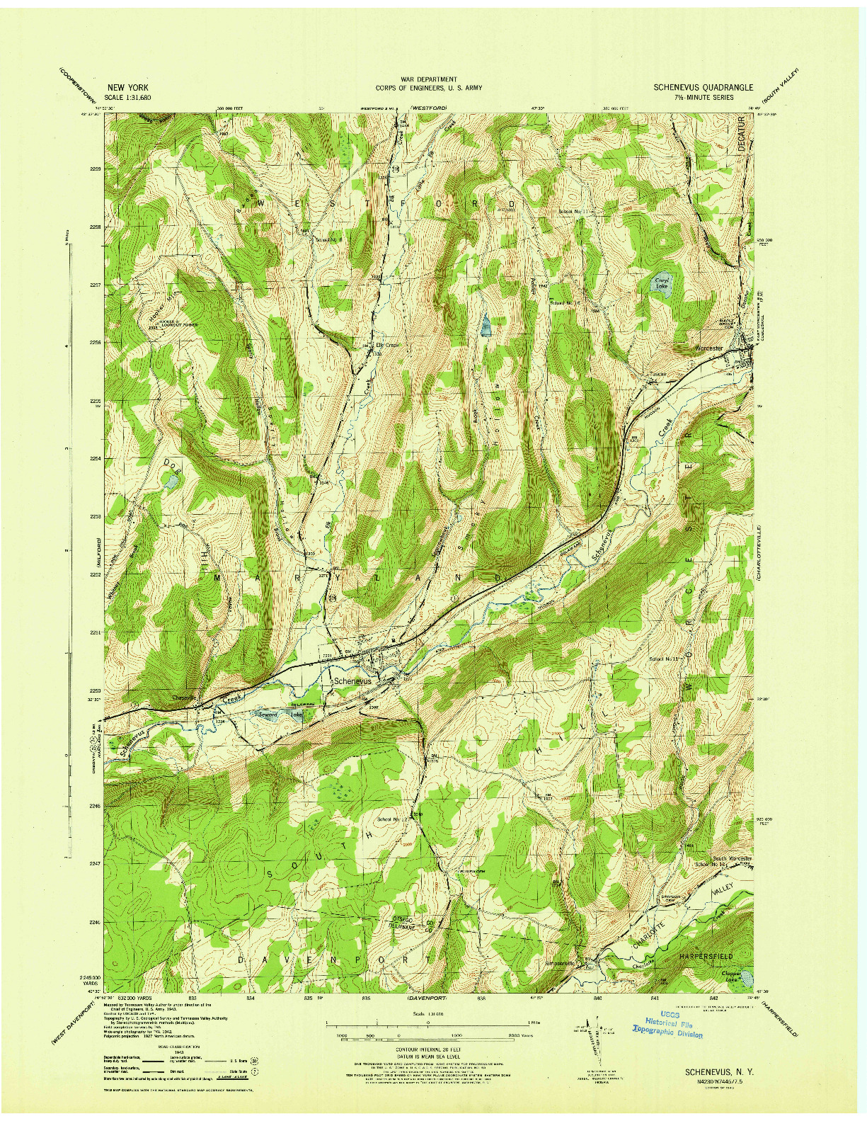 USGS 1:31680-SCALE QUADRANGLE FOR SCHENEVUS, NY 1945