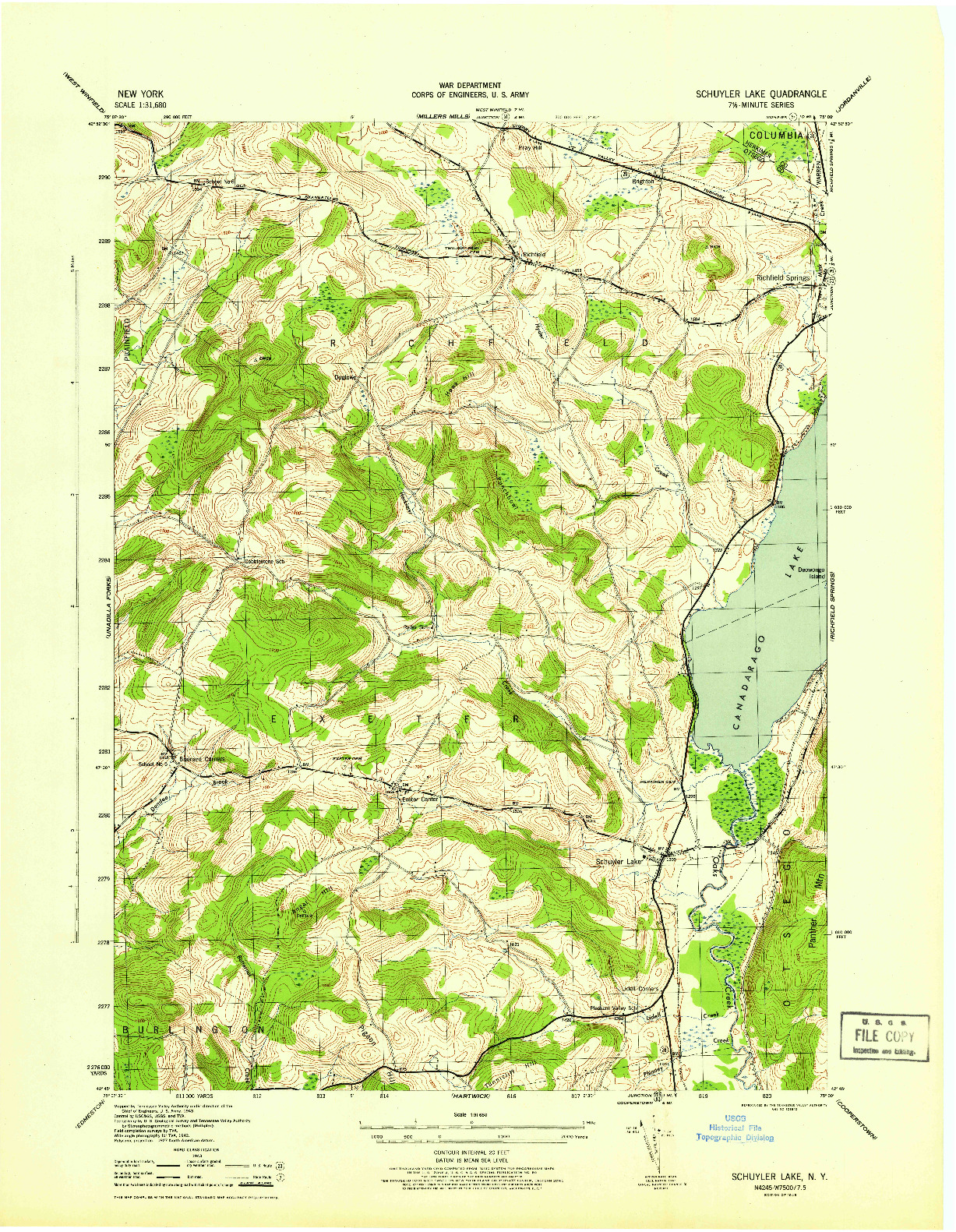 USGS 1:31680-SCALE QUADRANGLE FOR SCHUYLER LAKE, NY 1945