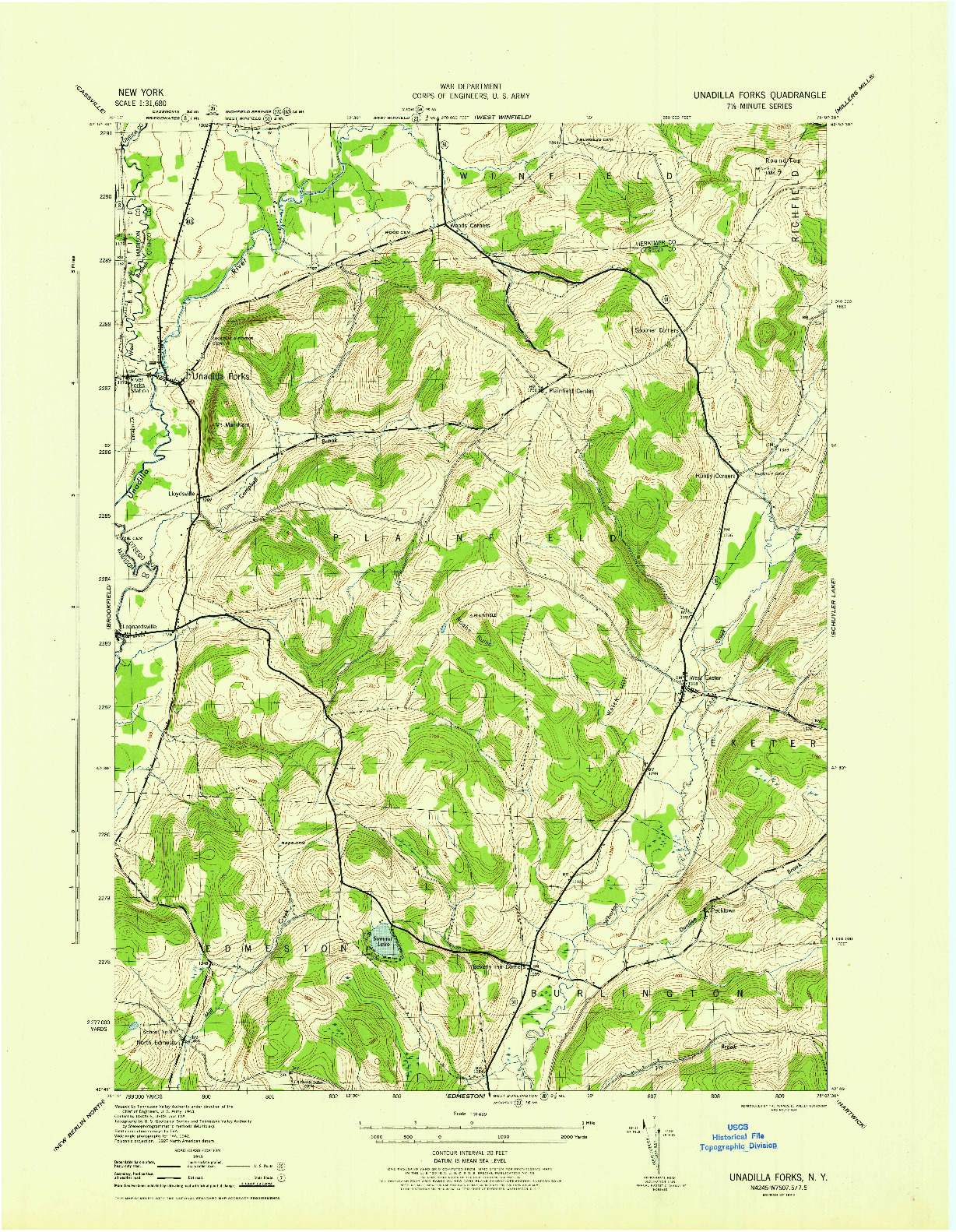 USGS 1:31680-SCALE QUADRANGLE FOR UNADILLA FORKS, NY 1945