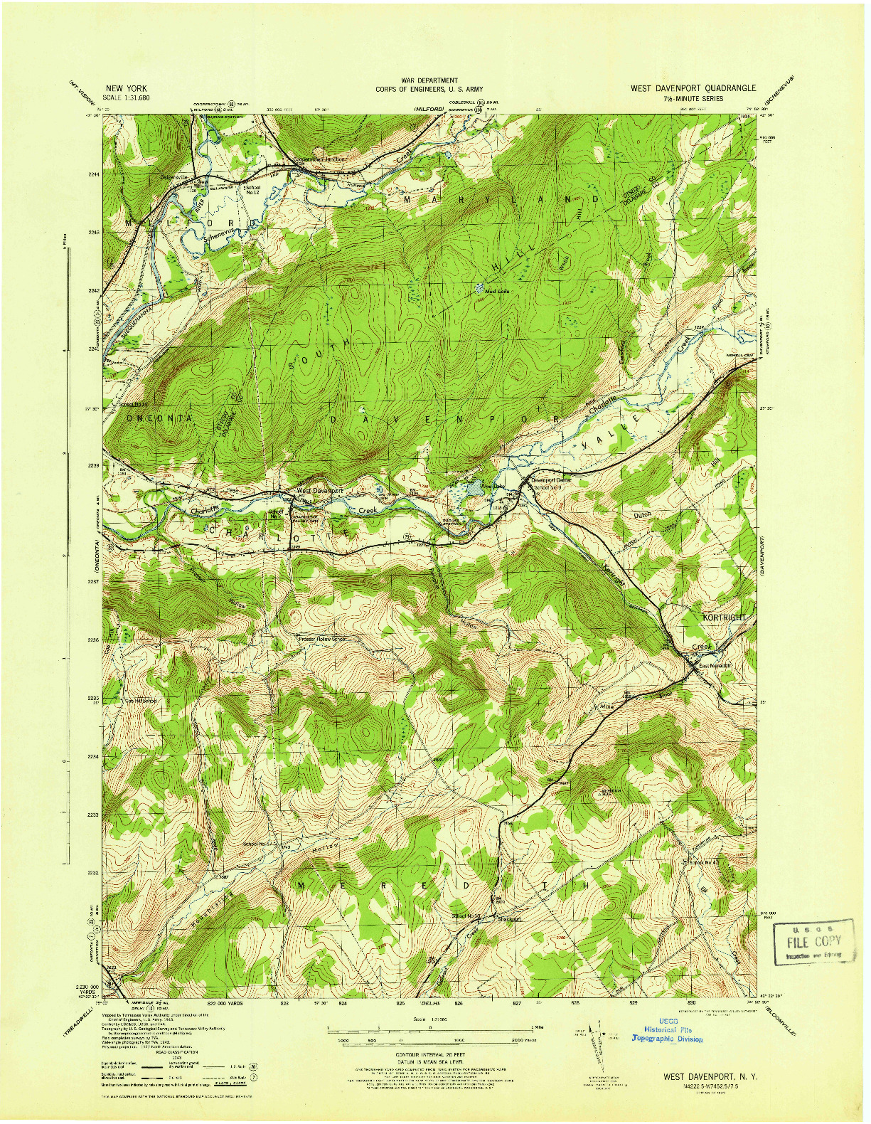USGS 1:31680-SCALE QUADRANGLE FOR WEST DAVENPORT, NY 1945