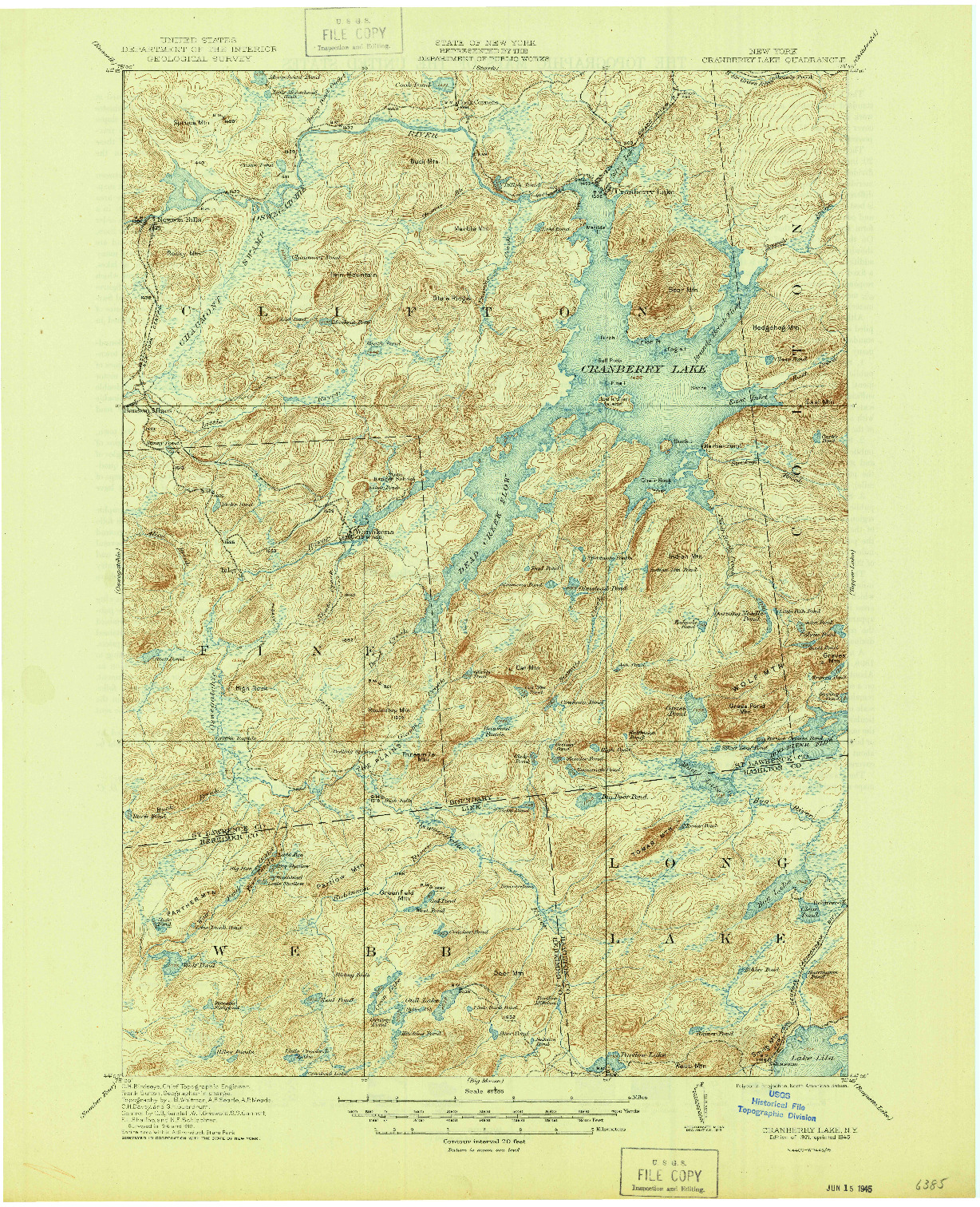 USGS 1:62500-SCALE QUADRANGLE FOR CRANBERRY LAKE, NY 1921