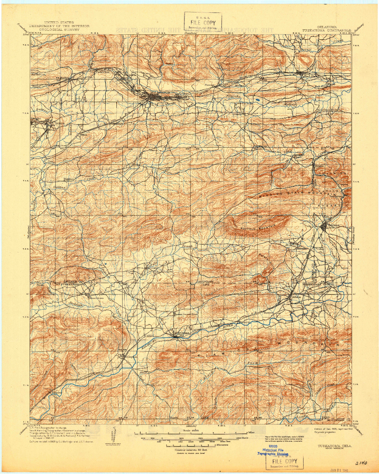USGS 1:125000-SCALE QUADRANGLE FOR TUSKAHOMA, OK 1909