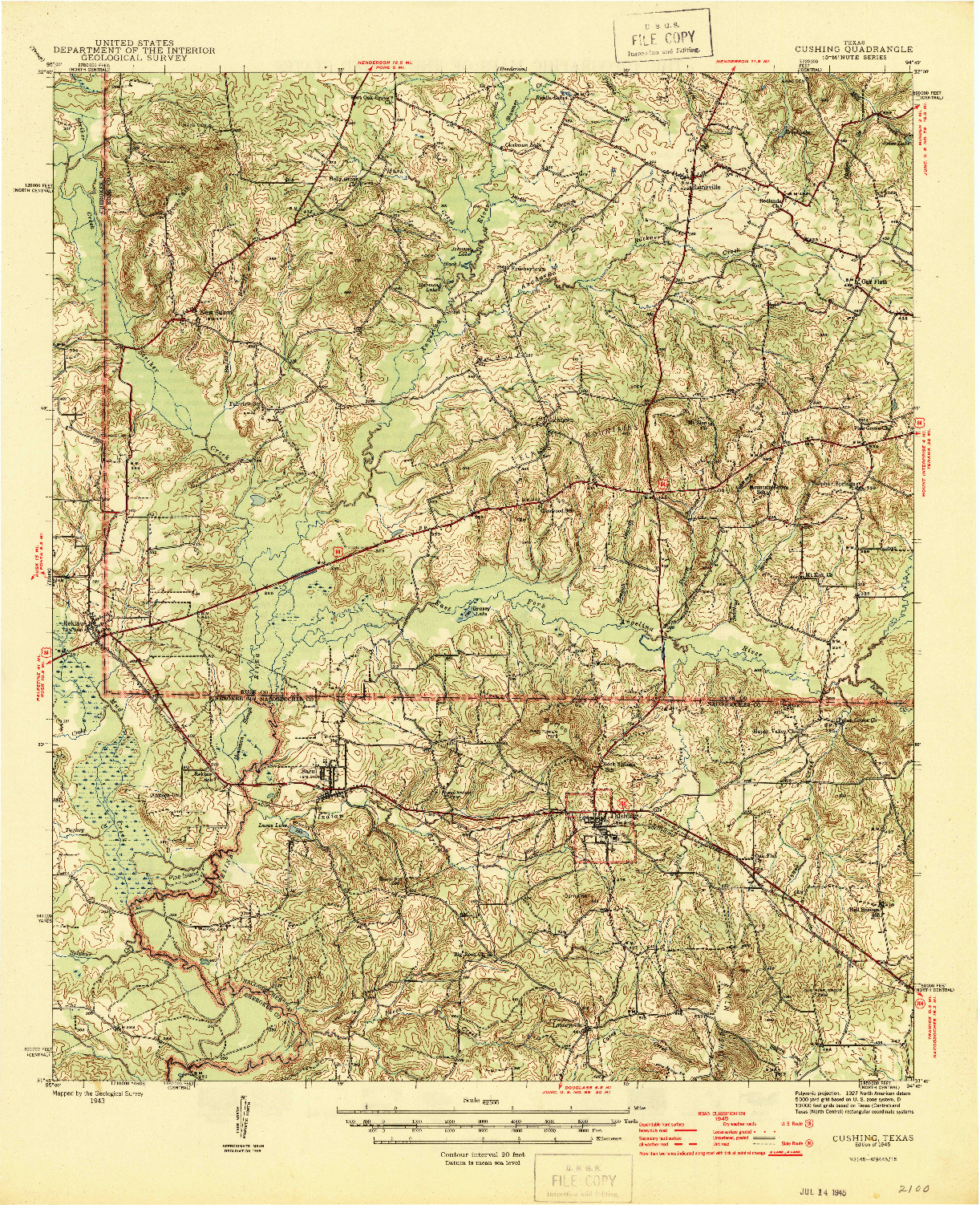 USGS 1:62500-SCALE QUADRANGLE FOR CUSHING, TX 1945