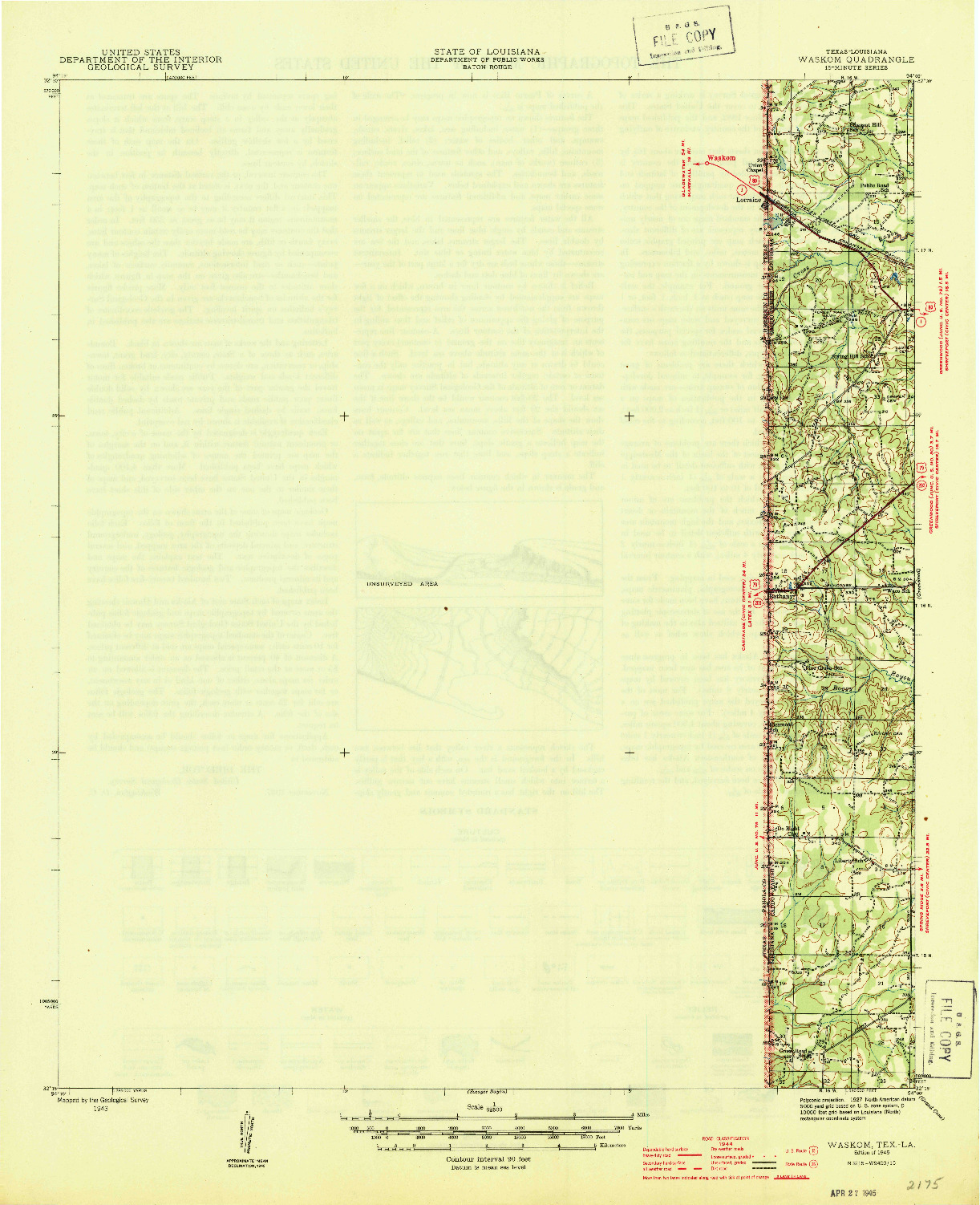 USGS 1:62500-SCALE QUADRANGLE FOR WASKOM, TX 1945