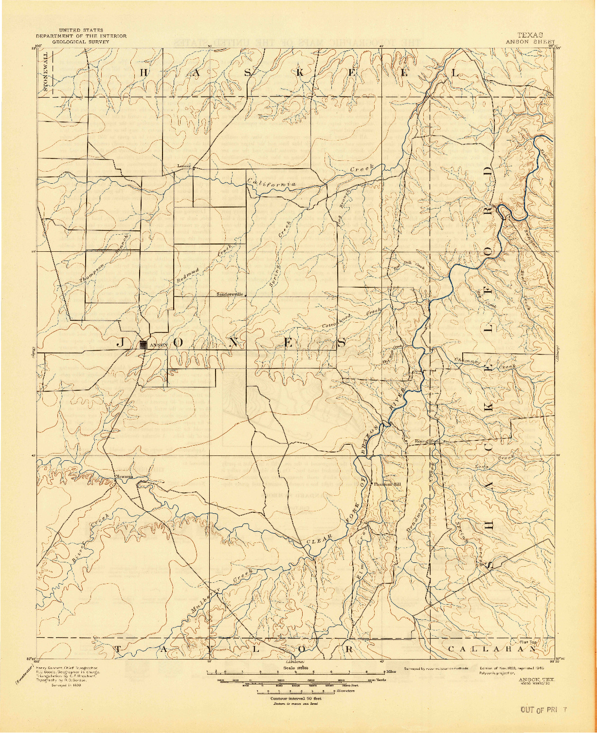 USGS 1:125000-SCALE QUADRANGLE FOR ANSON, TX 1893