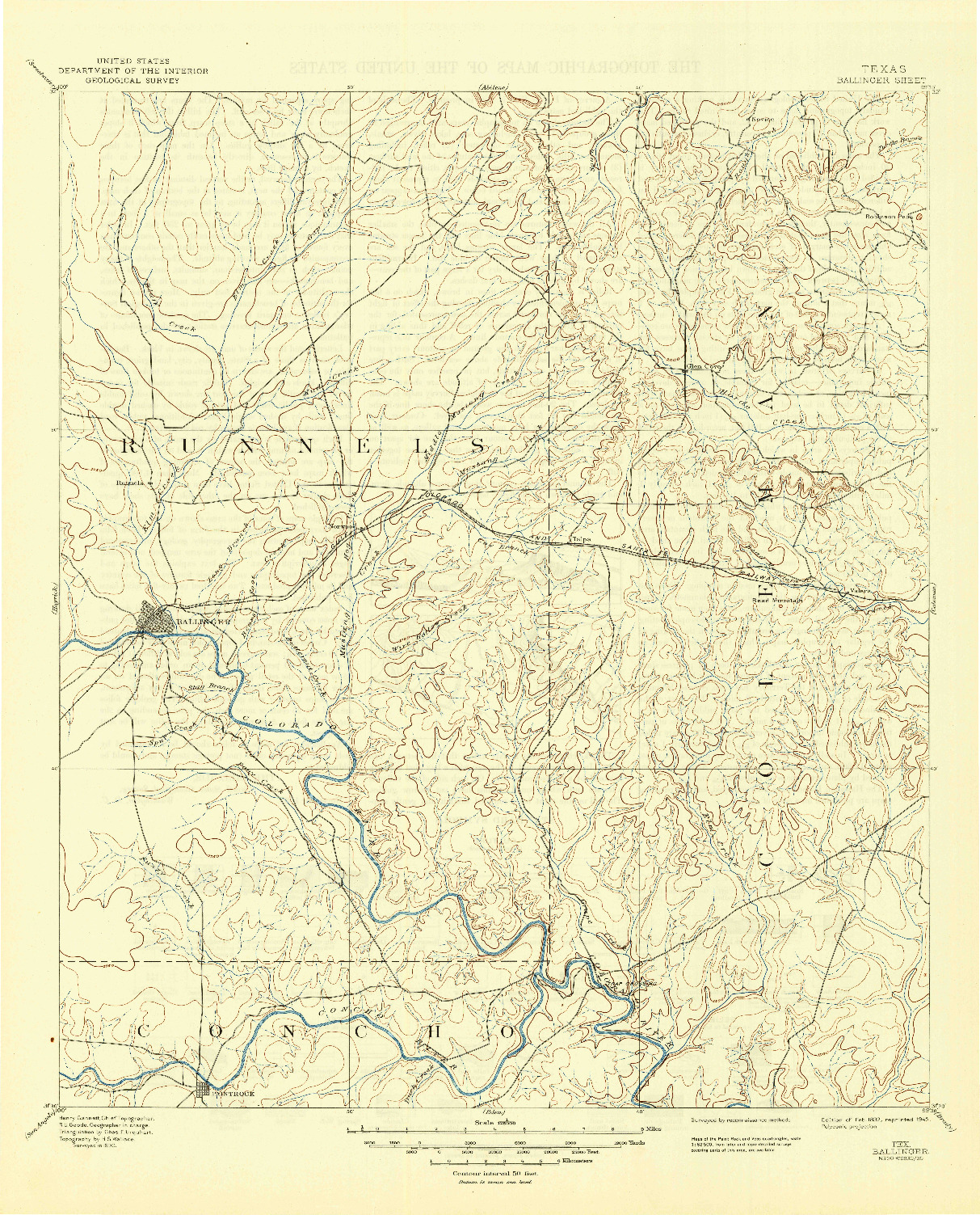 USGS 1:125000-SCALE QUADRANGLE FOR BALLINGER, TX 1892