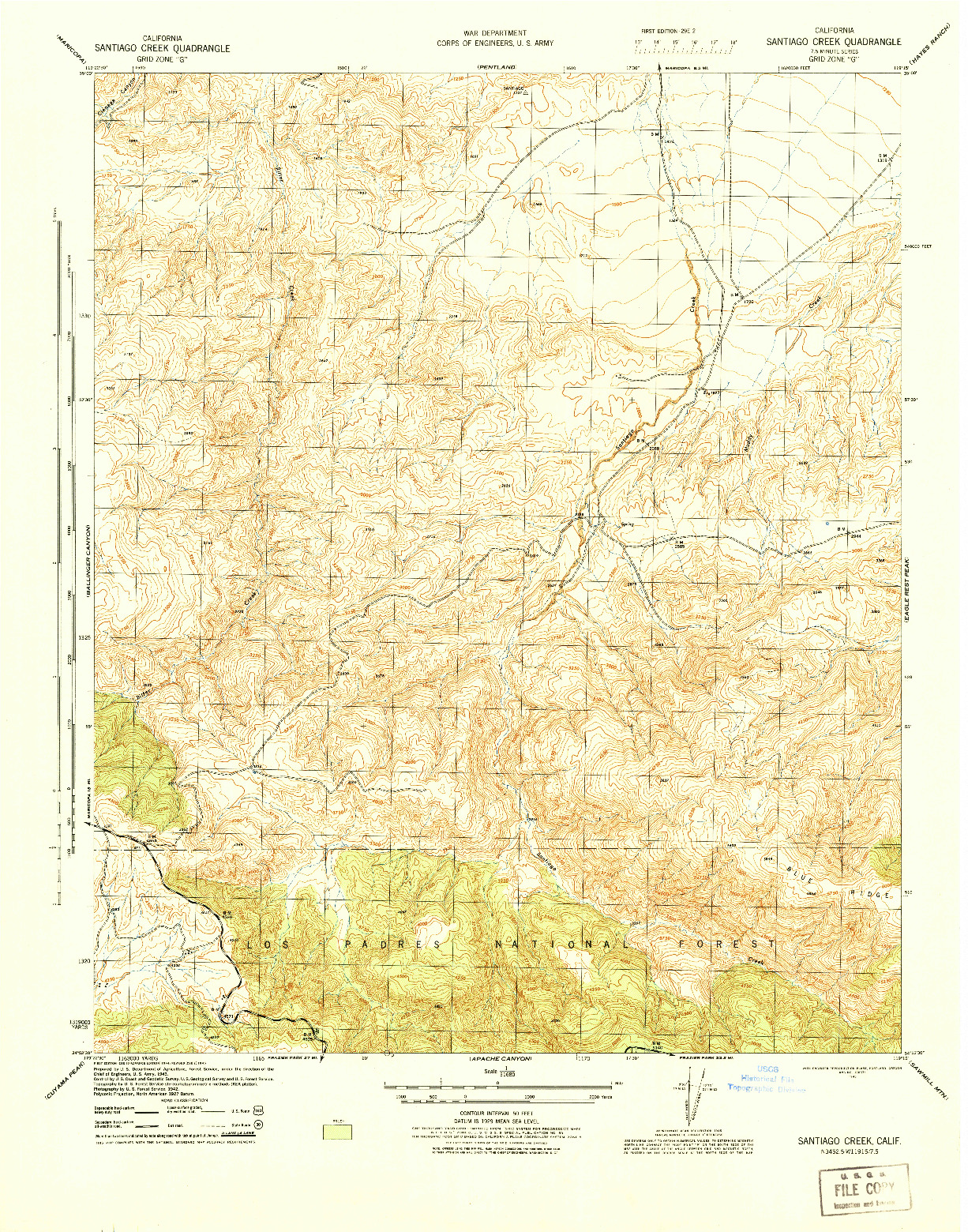 USGS 1:31680-SCALE QUADRANGLE FOR SANTIAGO CREEK, CA 1945