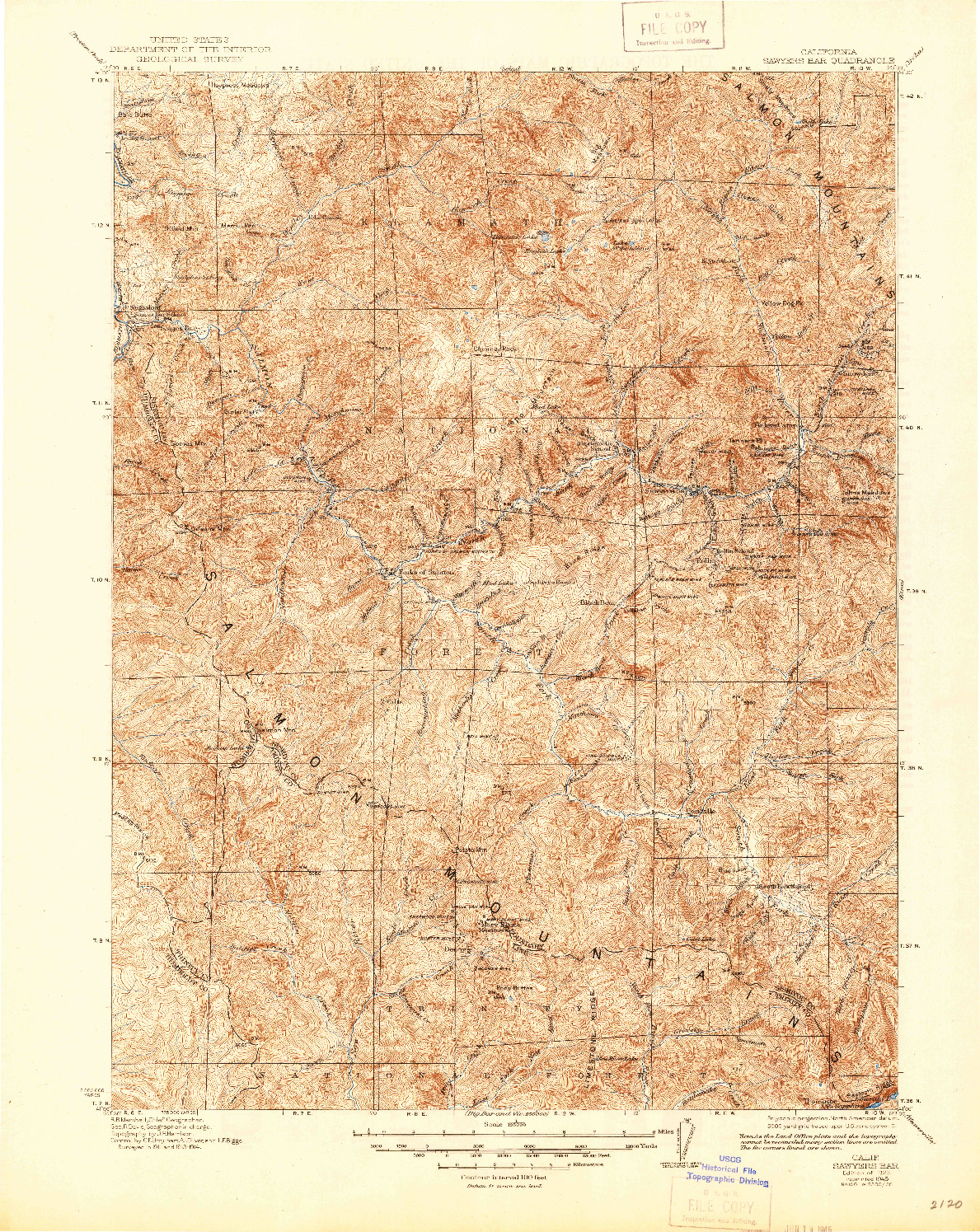 USGS 1:125000-SCALE QUADRANGLE FOR SAWYERS BAR, CA 1923