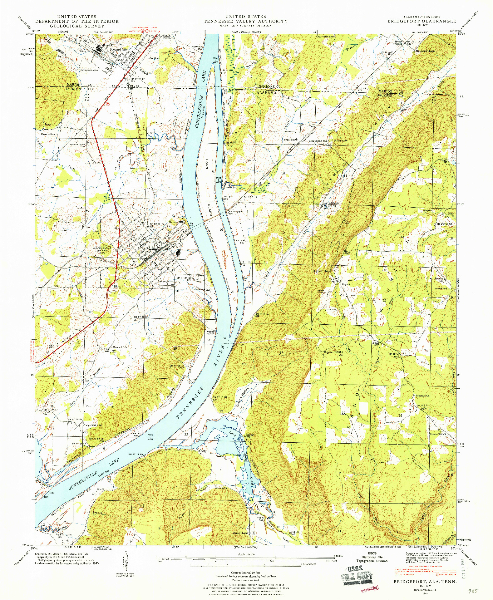 USGS 1:24000-SCALE QUADRANGLE FOR BRIDGEPORT, AL 1945