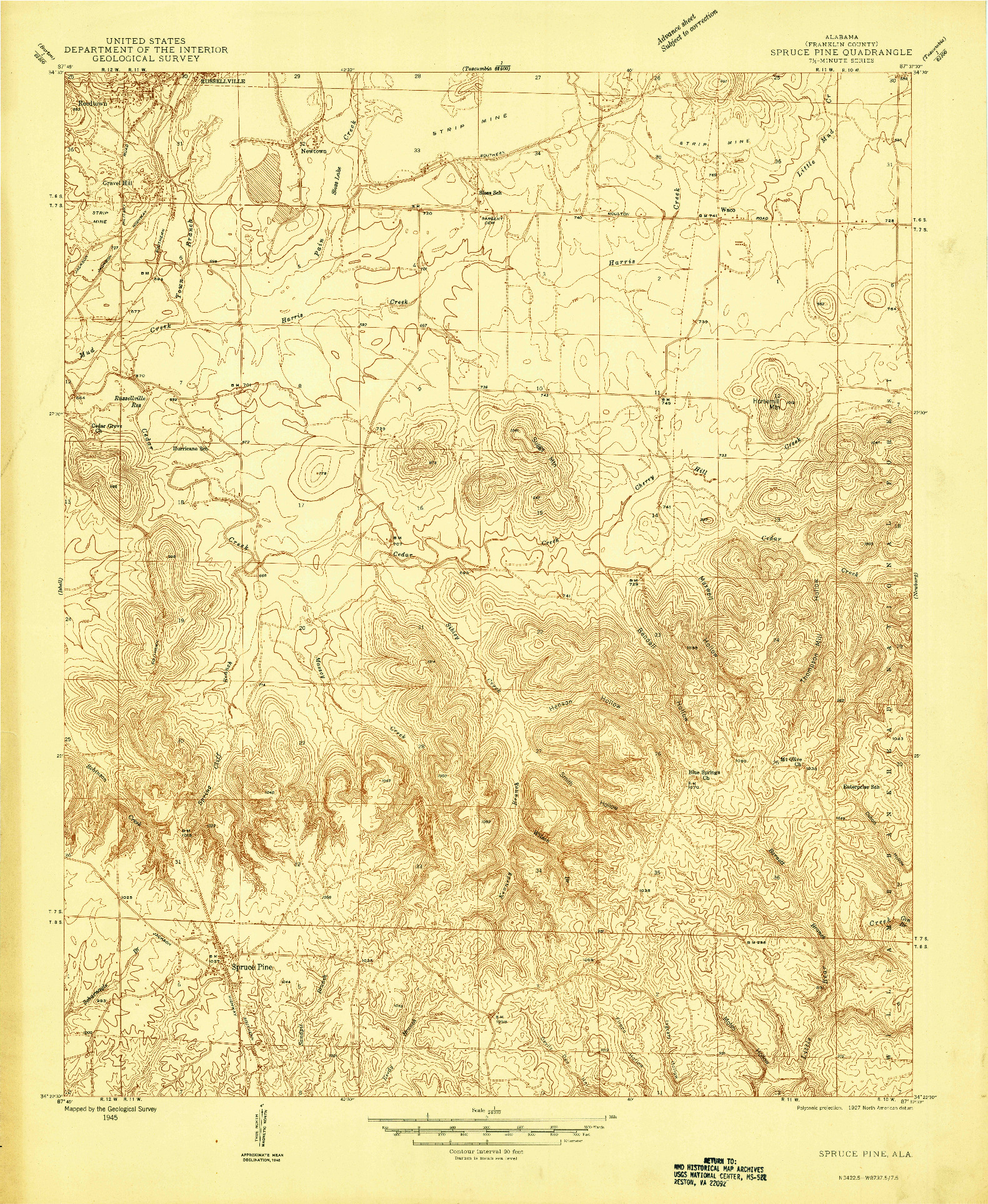 USGS 1:24000-SCALE QUADRANGLE FOR SPRUCE PINE, AL 1945