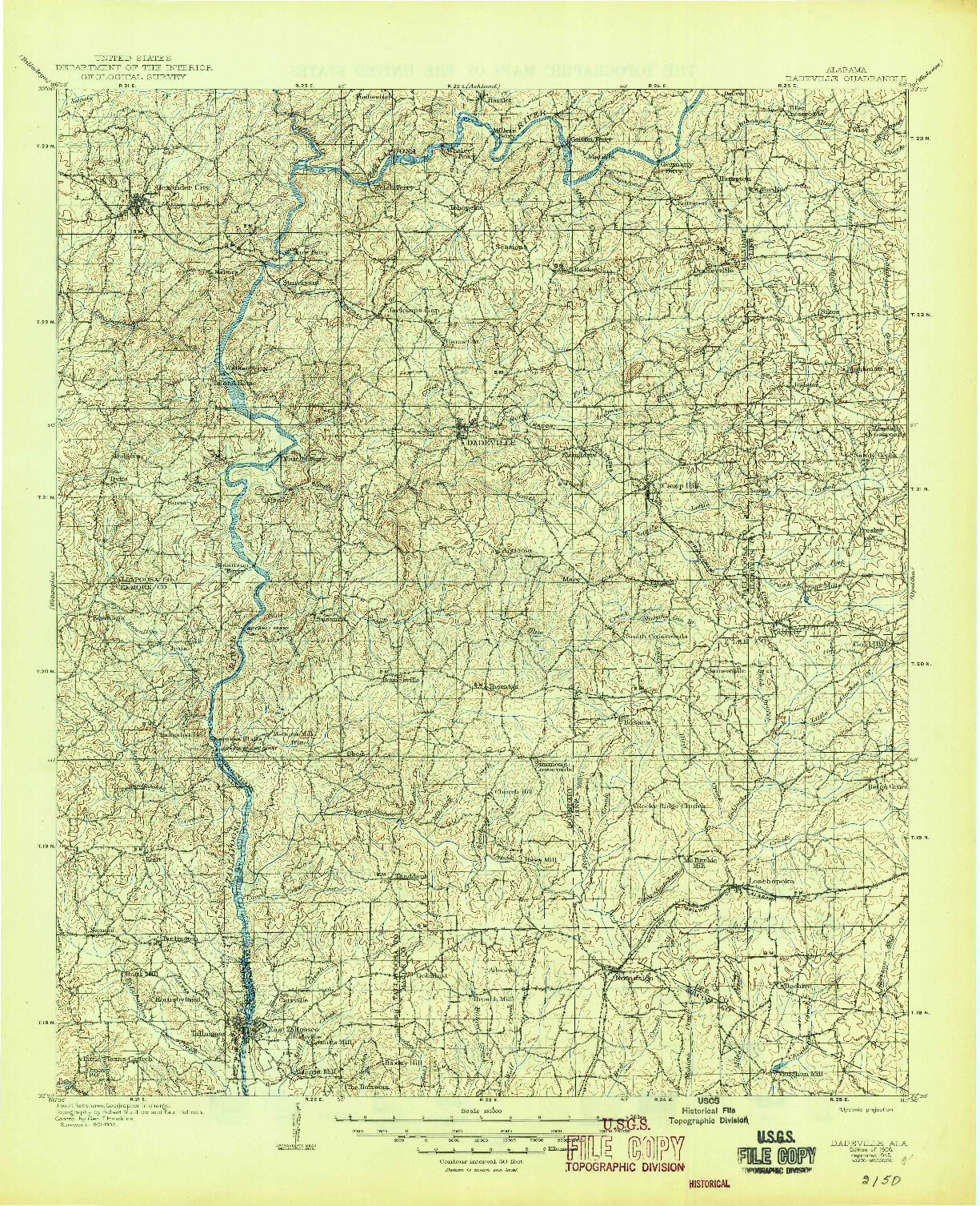 USGS 1:125000-SCALE QUADRANGLE FOR DADEVILLE, AL 1906