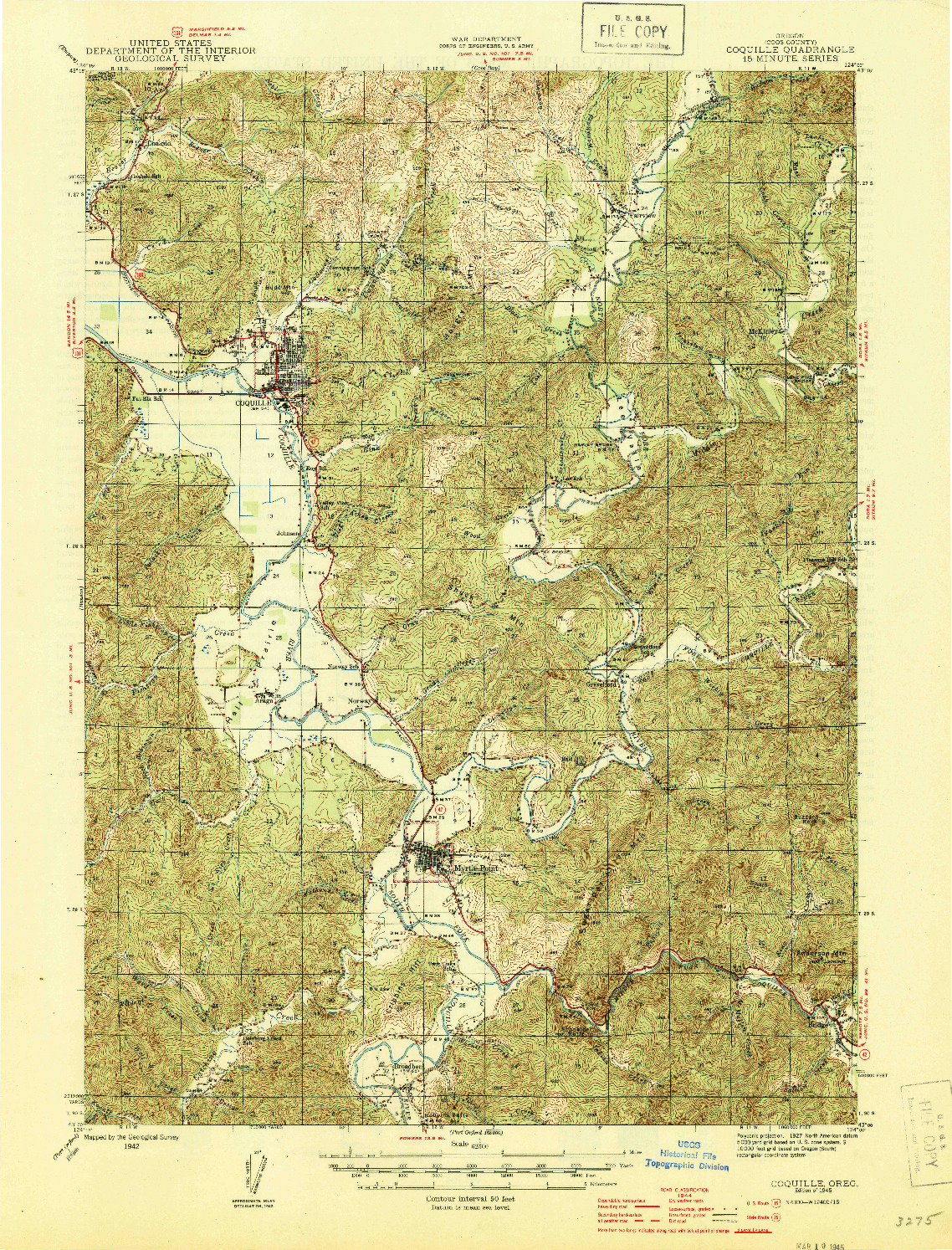USGS 1:62500-SCALE QUADRANGLE FOR COQUILLE, OR 1945
