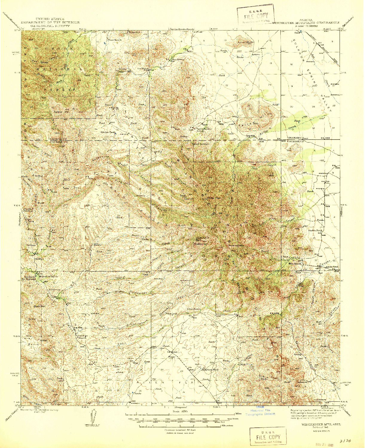 USGS 1:62500-SCALE QUADRANGLE FOR WINCHESTER MTS., AZ 1945