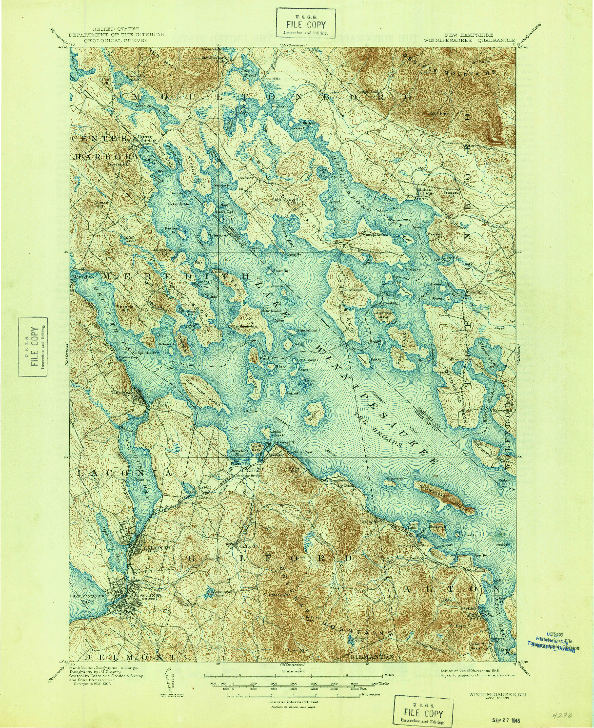 USGS 1:62500-SCALE QUADRANGLE FOR WINNIPESAUKEE, NH 1909
