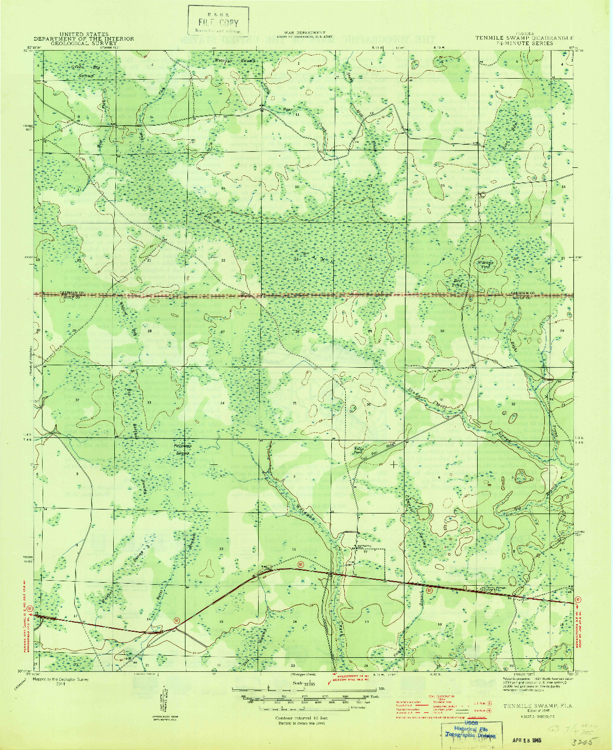 USGS 1:31680-SCALE QUADRANGLE FOR TENMILE SWAMP, FL 1945