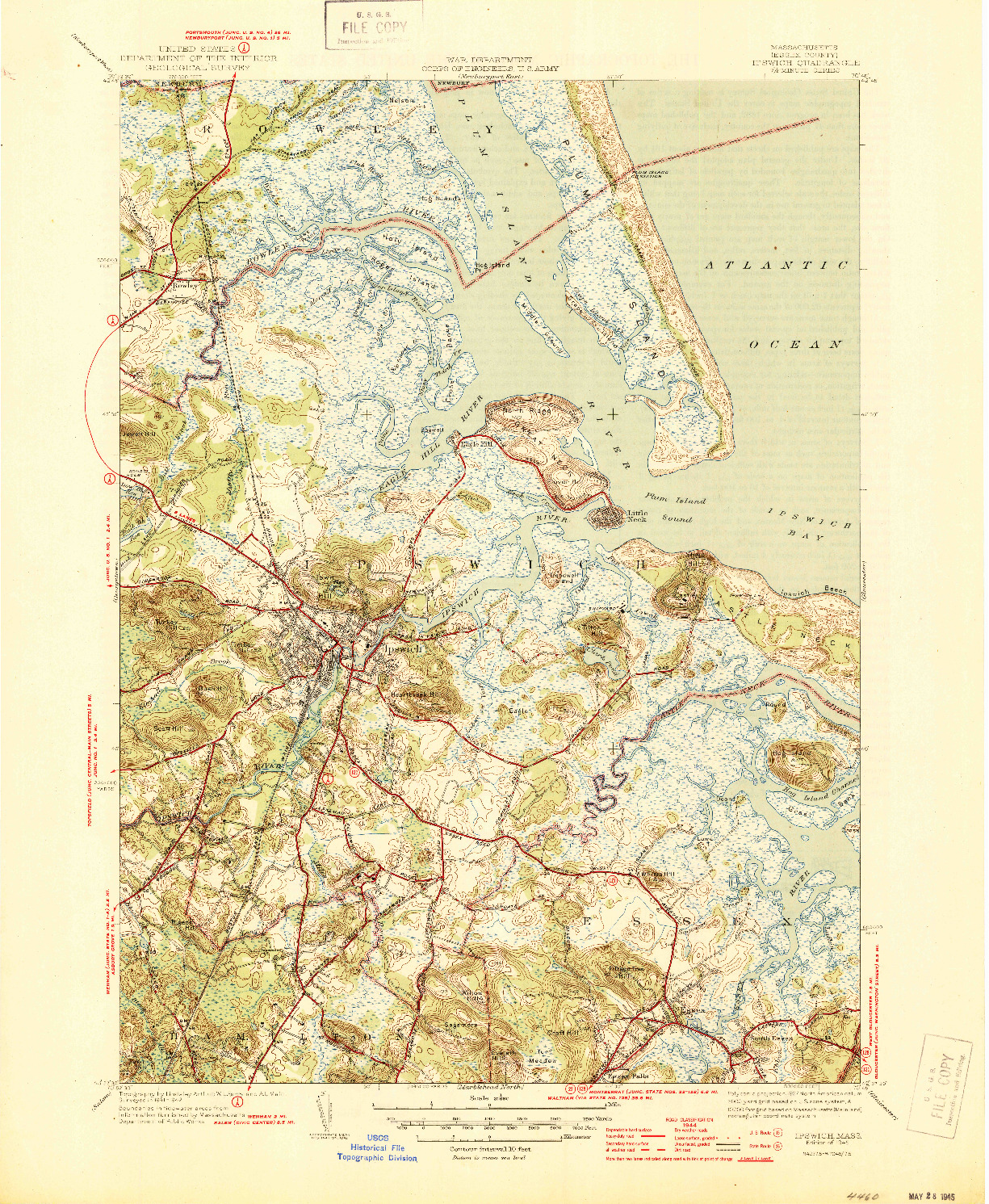USGS 1:31680-SCALE QUADRANGLE FOR IPSWICH, MA 1945