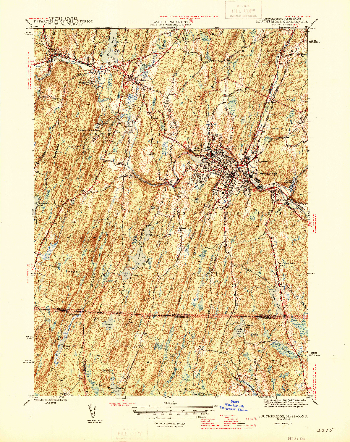 USGS 1:31680-SCALE QUADRANGLE FOR SOUTHBRIDGE, MA 1945