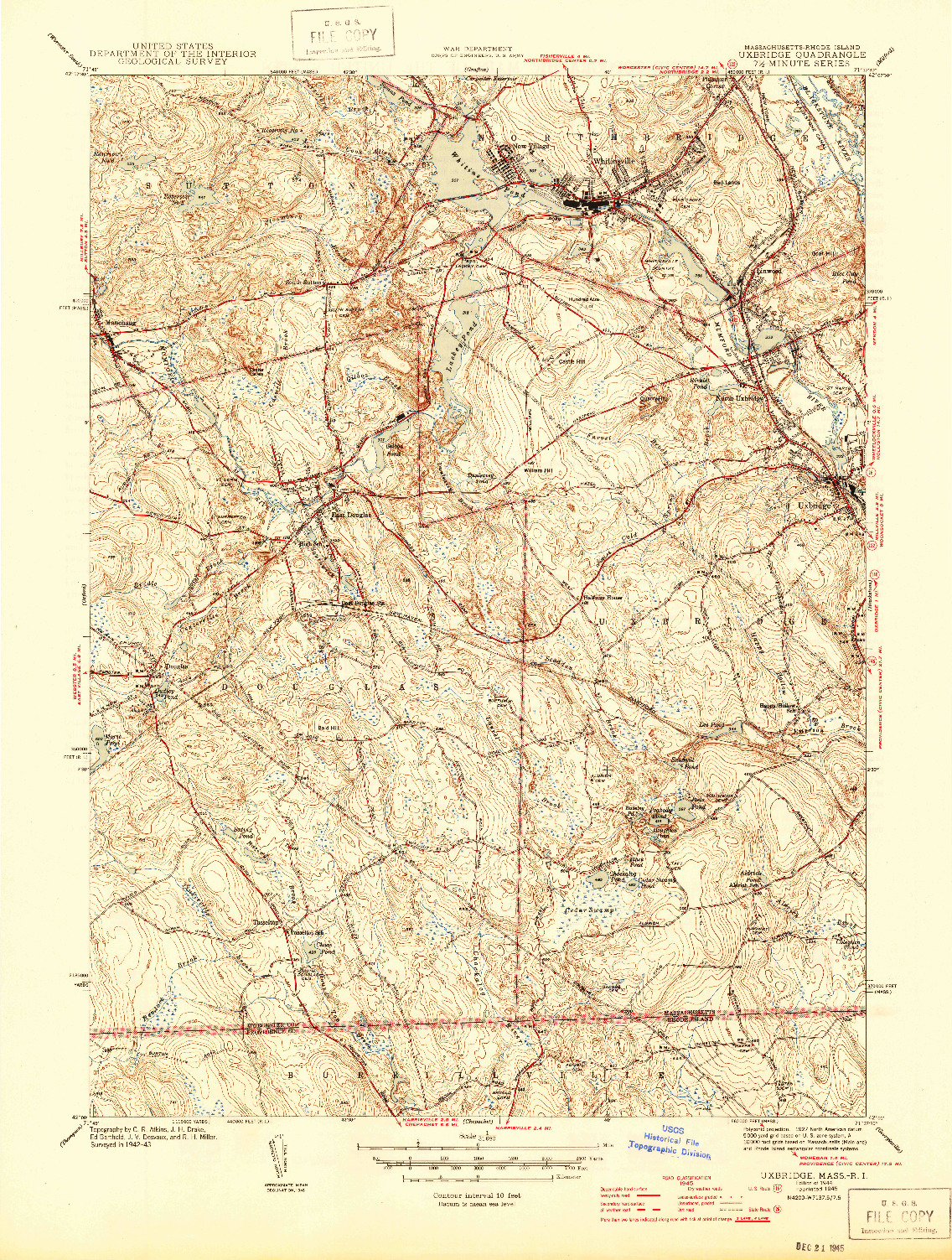 USGS 1:31680-SCALE QUADRANGLE FOR UXBRIDGE, MA 1944