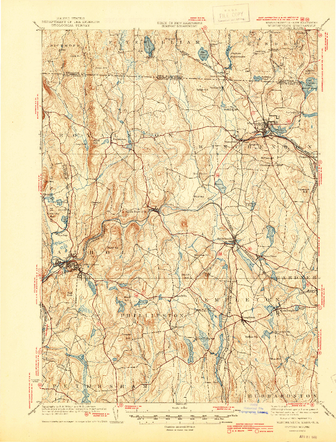 USGS 1:62500-SCALE QUADRANGLE FOR WINCHENDON, MA 1935