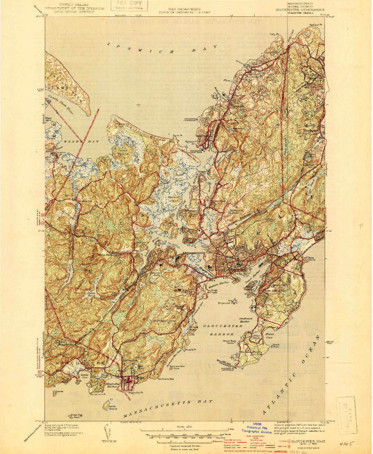 USGS 1:31680-SCALE QUADRANGLE FOR GLOUCESTER, MA 1945