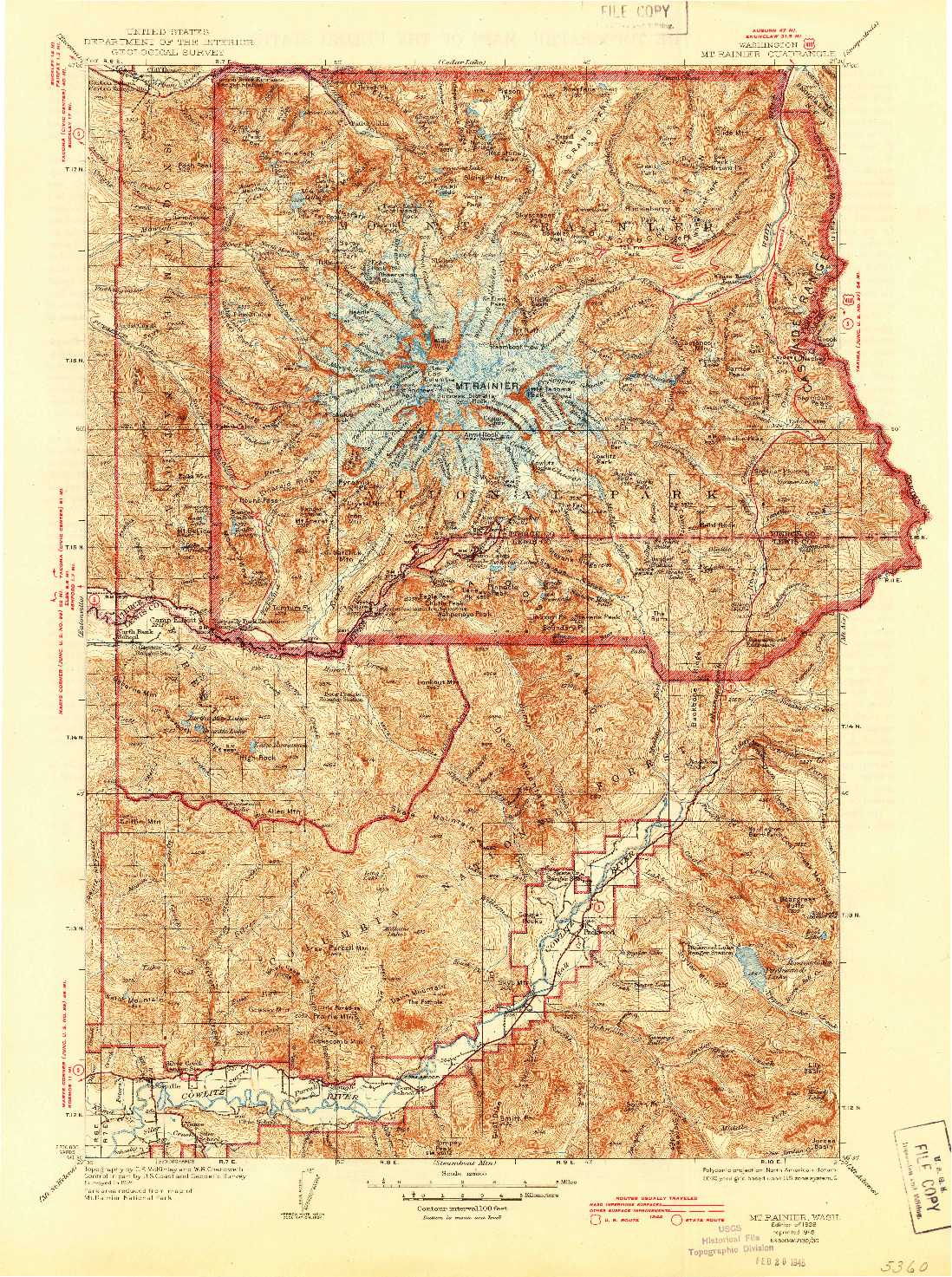 USGS 1:125000-SCALE QUADRANGLE FOR MT RAINIER, WA 1928