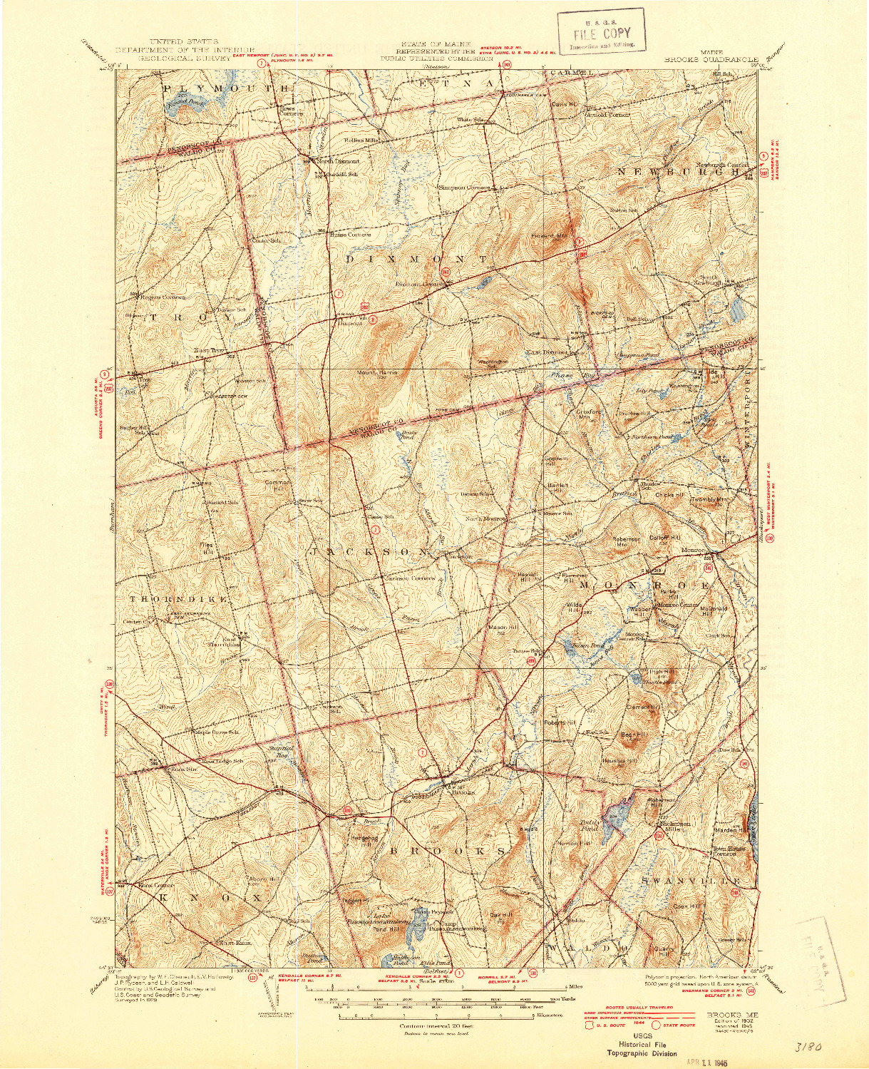 USGS 1:62500-SCALE QUADRANGLE FOR BROOKS, ME 1932