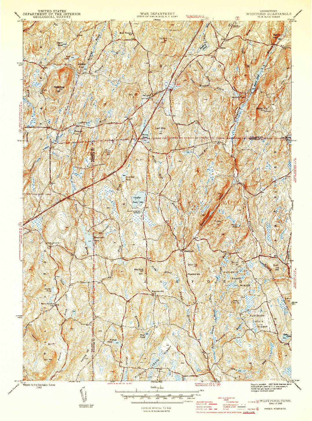 USGS 1:31680-SCALE QUADRANGLE FOR WESTFORD, CT 1945