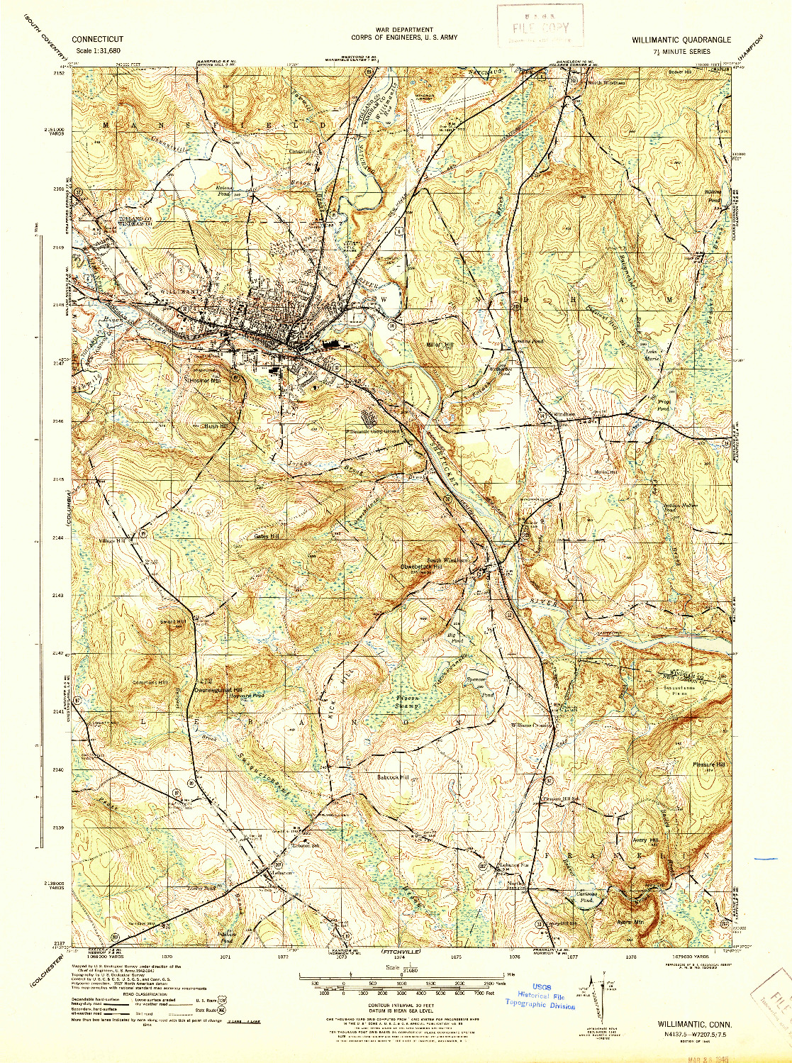 USGS 1:31680-SCALE QUADRANGLE FOR WILLIMANTIC, CT 1945