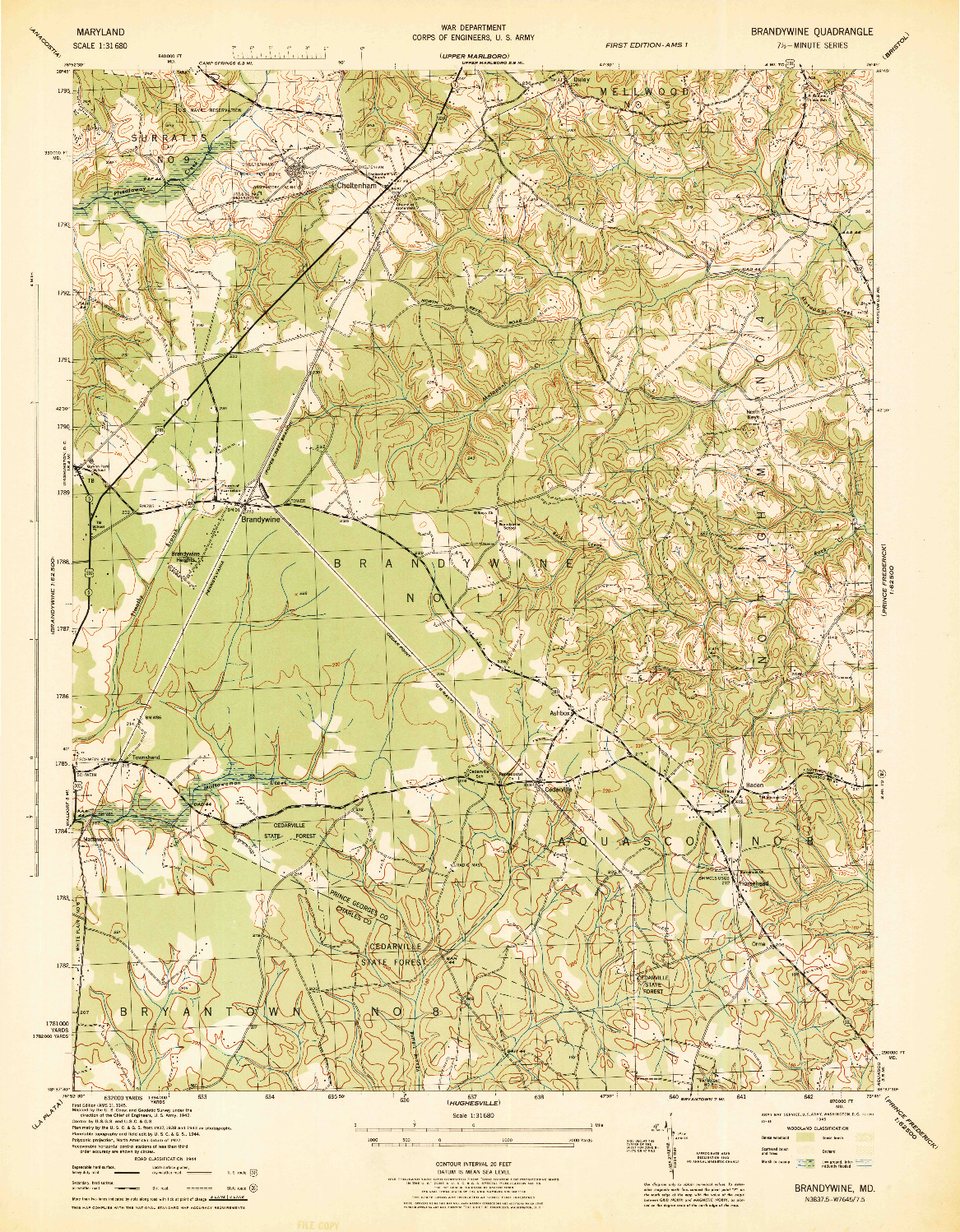 USGS 1:31680-SCALE QUADRANGLE FOR BRANDYWINE, MD 1945