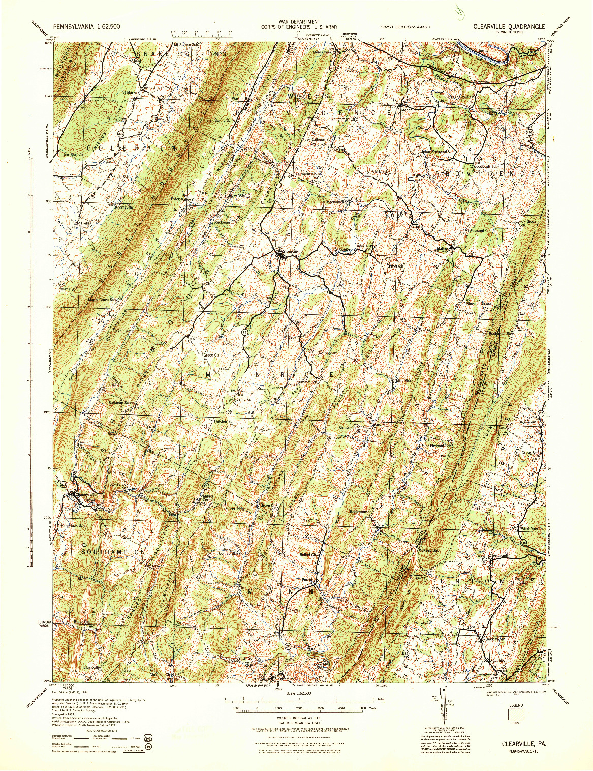 USGS 1:62500-SCALE QUADRANGLE FOR CLEARVILLE, PA 1944