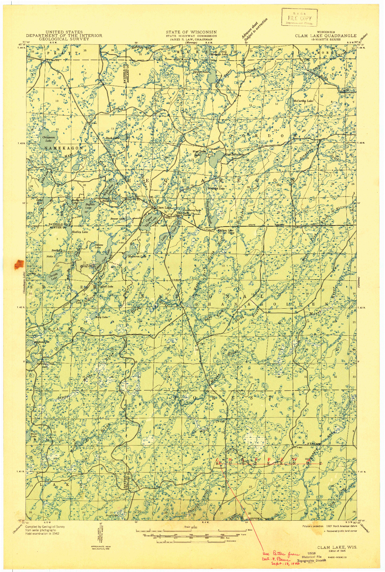USGS 1:48000-SCALE QUADRANGLE FOR CLAM LAKE, WI 1945