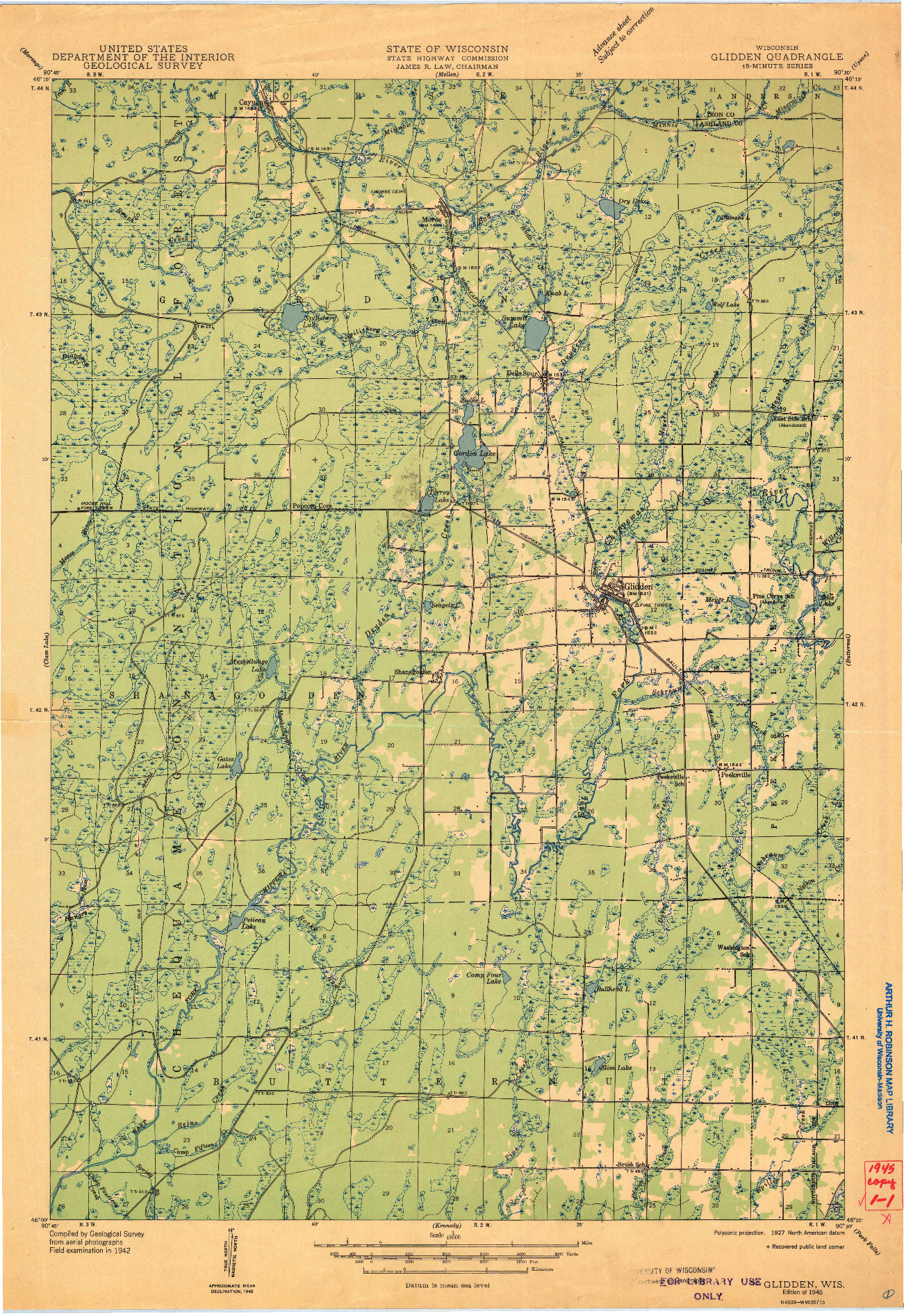 USGS 1:48000-SCALE QUADRANGLE FOR GLIDDEN, WI 1945