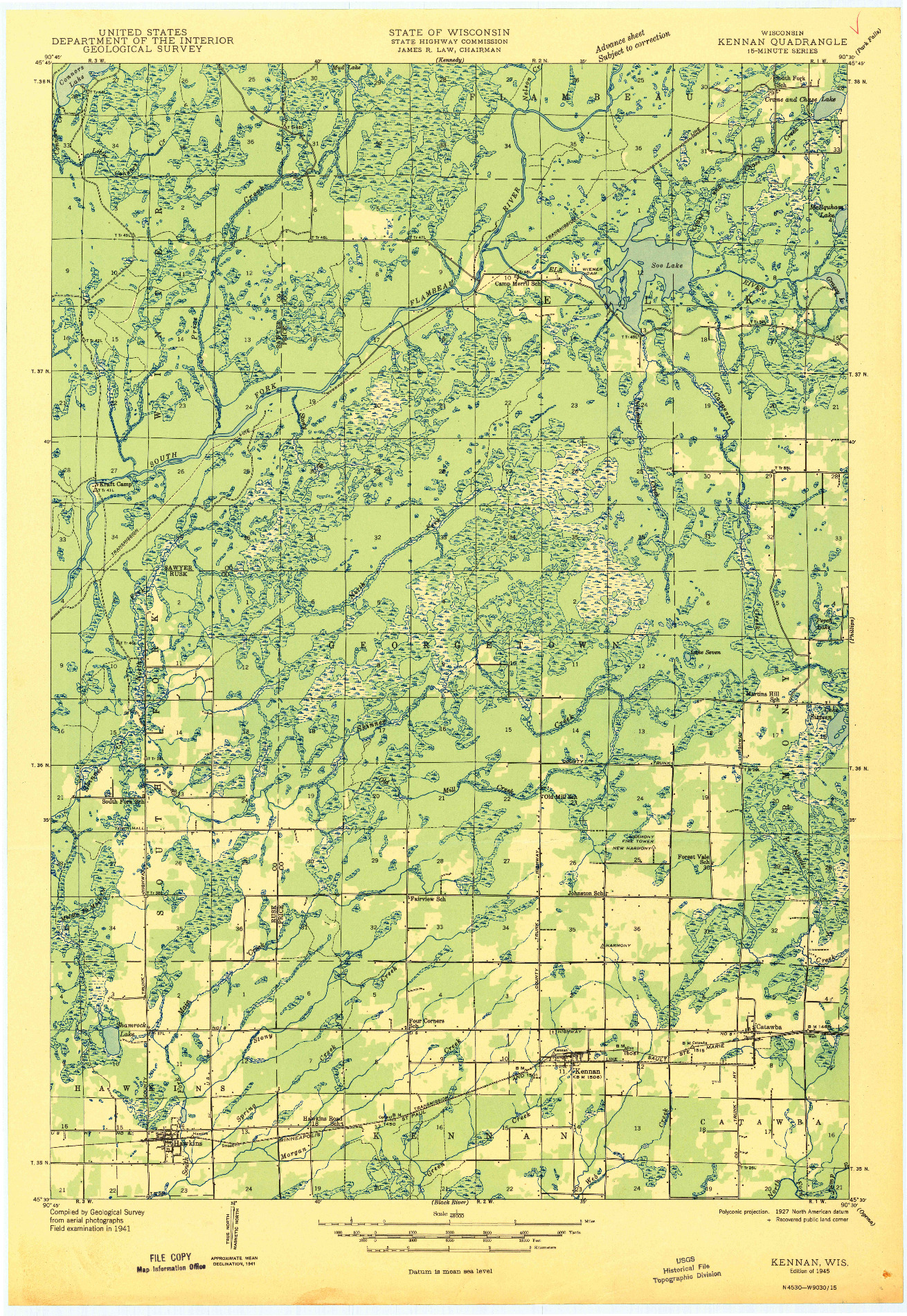 USGS 1:48000-SCALE QUADRANGLE FOR KENNAN, WI 1945